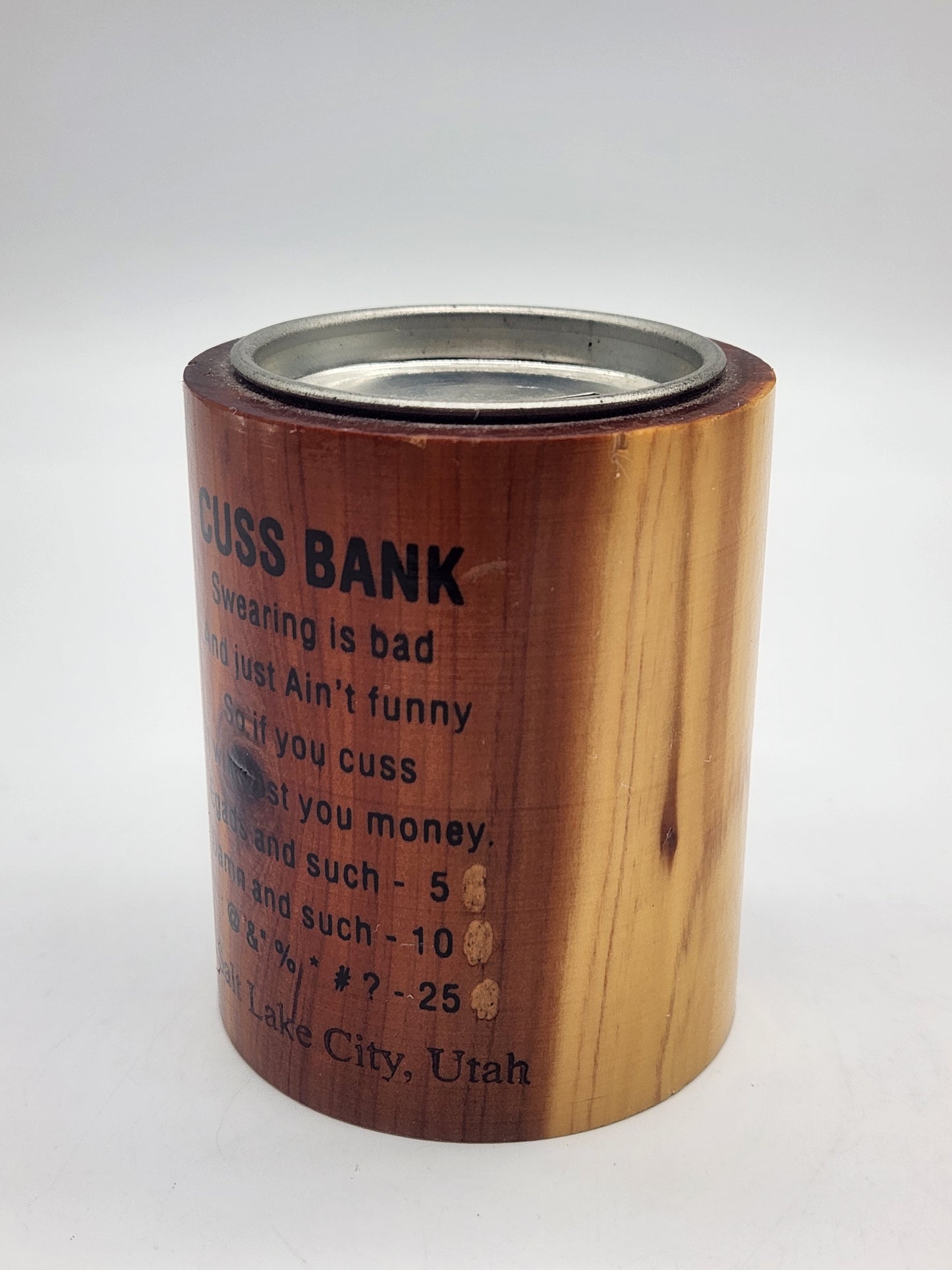 vintage Salt Lake City Utah souvenir wood coin Cuss Bank retro travel decor 3"