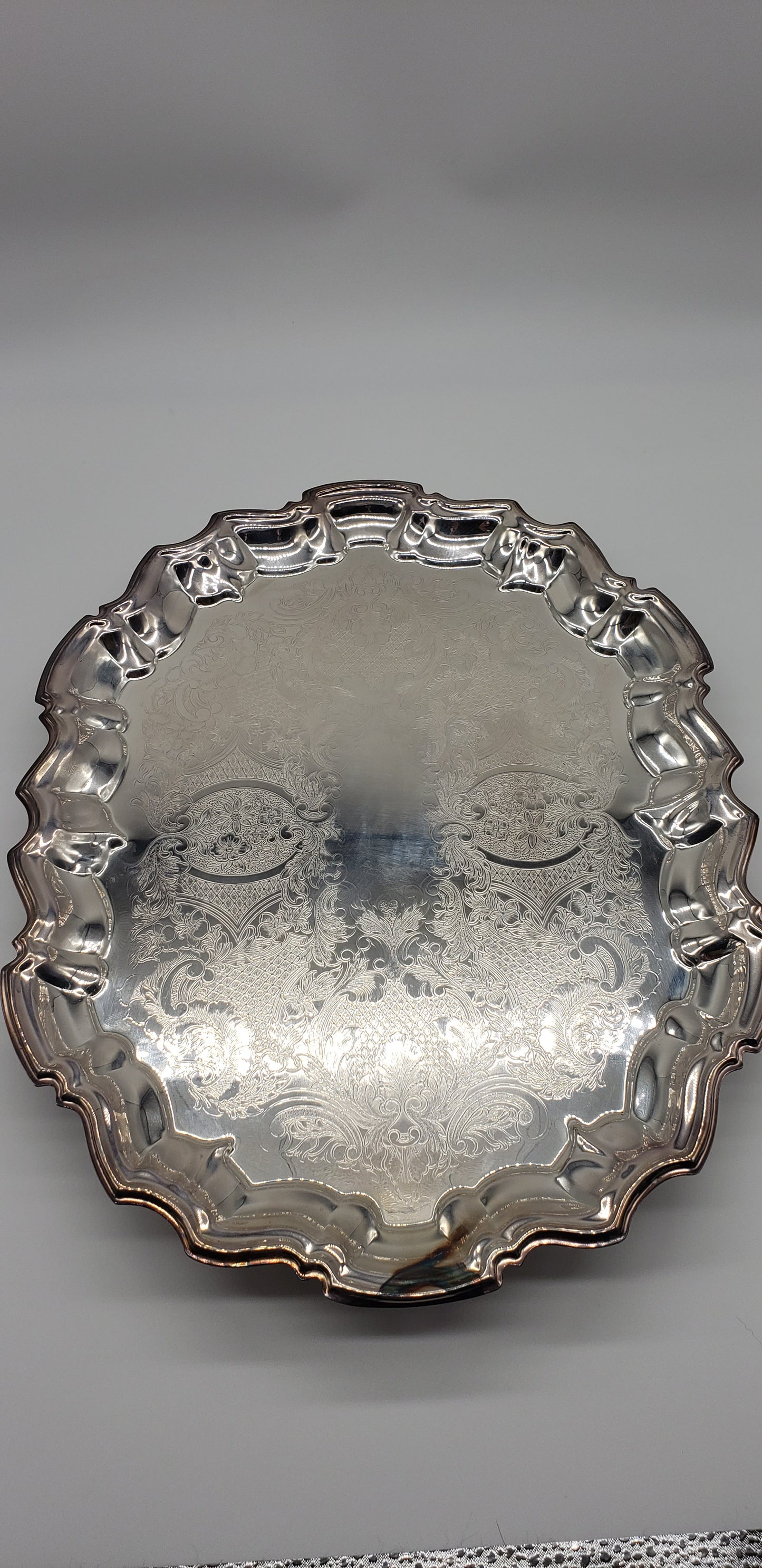 Leonard Silver Plate Footed Engraved Baroque Oval / oblong Tray