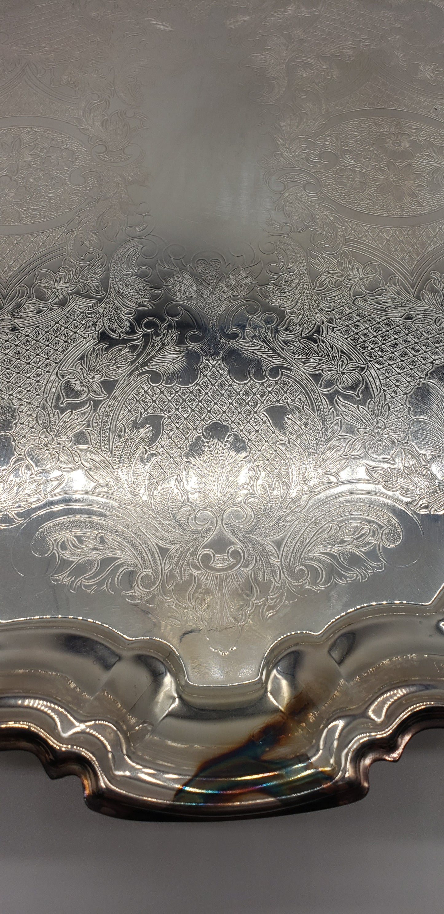Leonard Silver Plate Footed Engraved Baroque Oval / oblong Tray