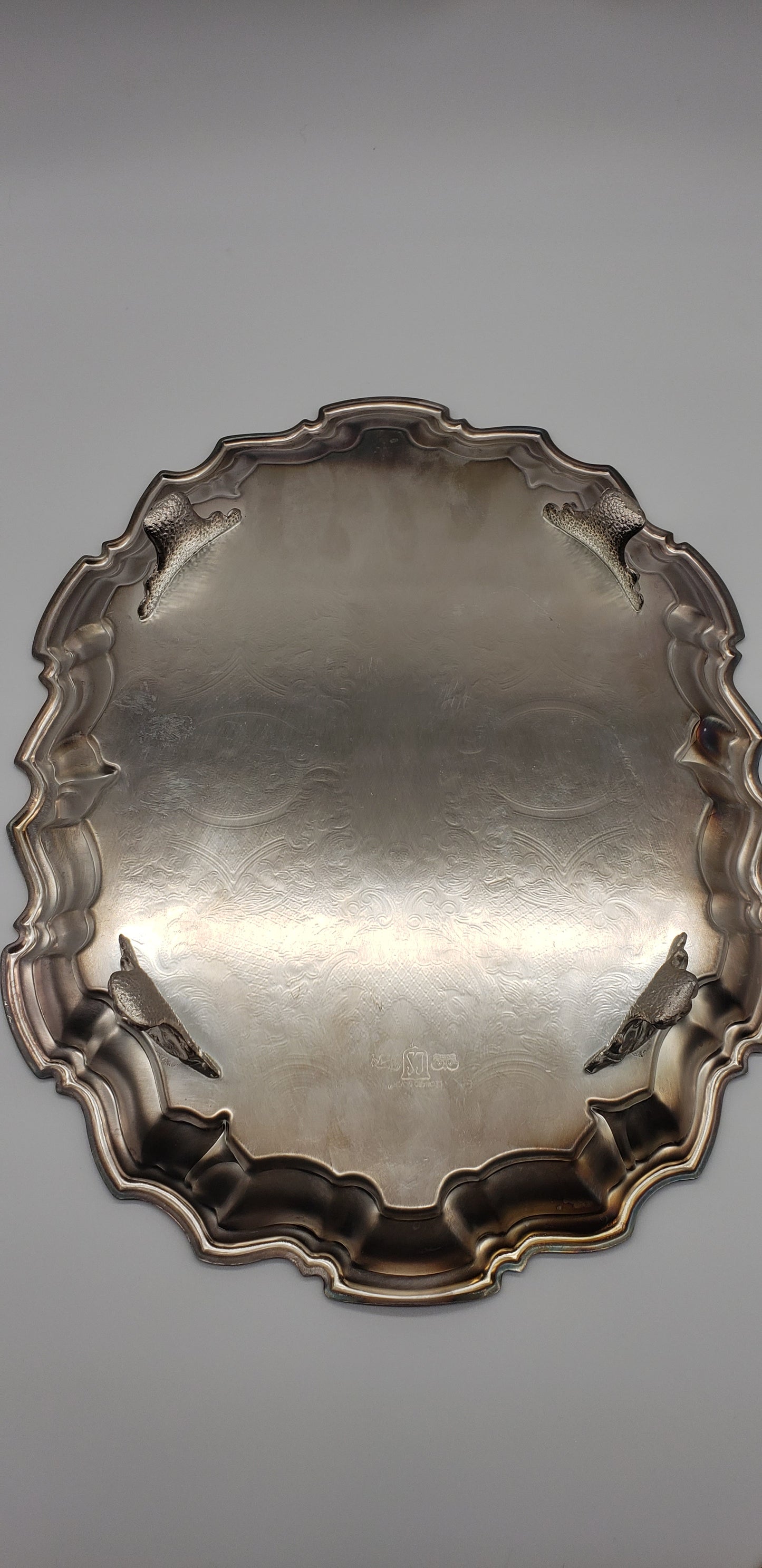 Leonard Silver Plate Footed Engraved Baroque Oval / oblong Tray