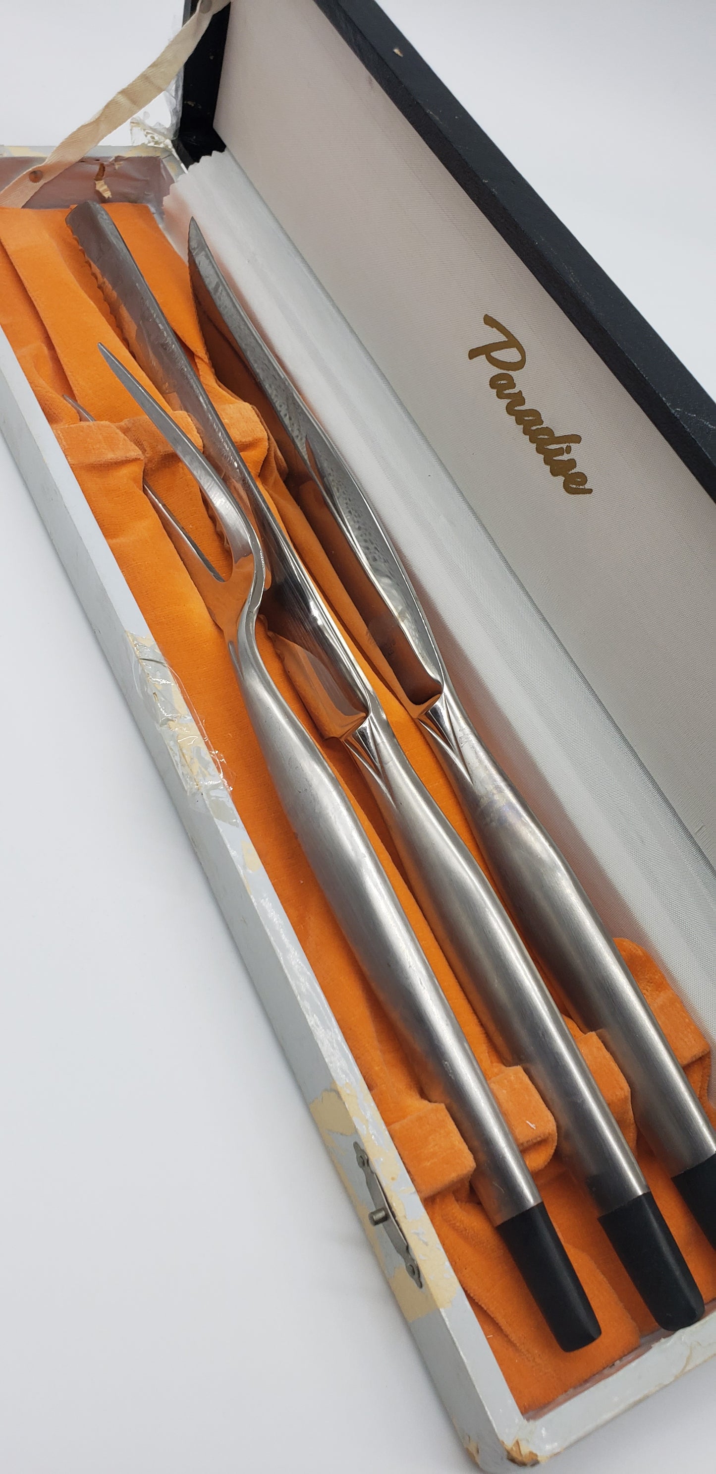 Paradise Nasco Stainless Japan Meat Bread Black Tip Brushed Steel 2 Knives & 1 Fork with case