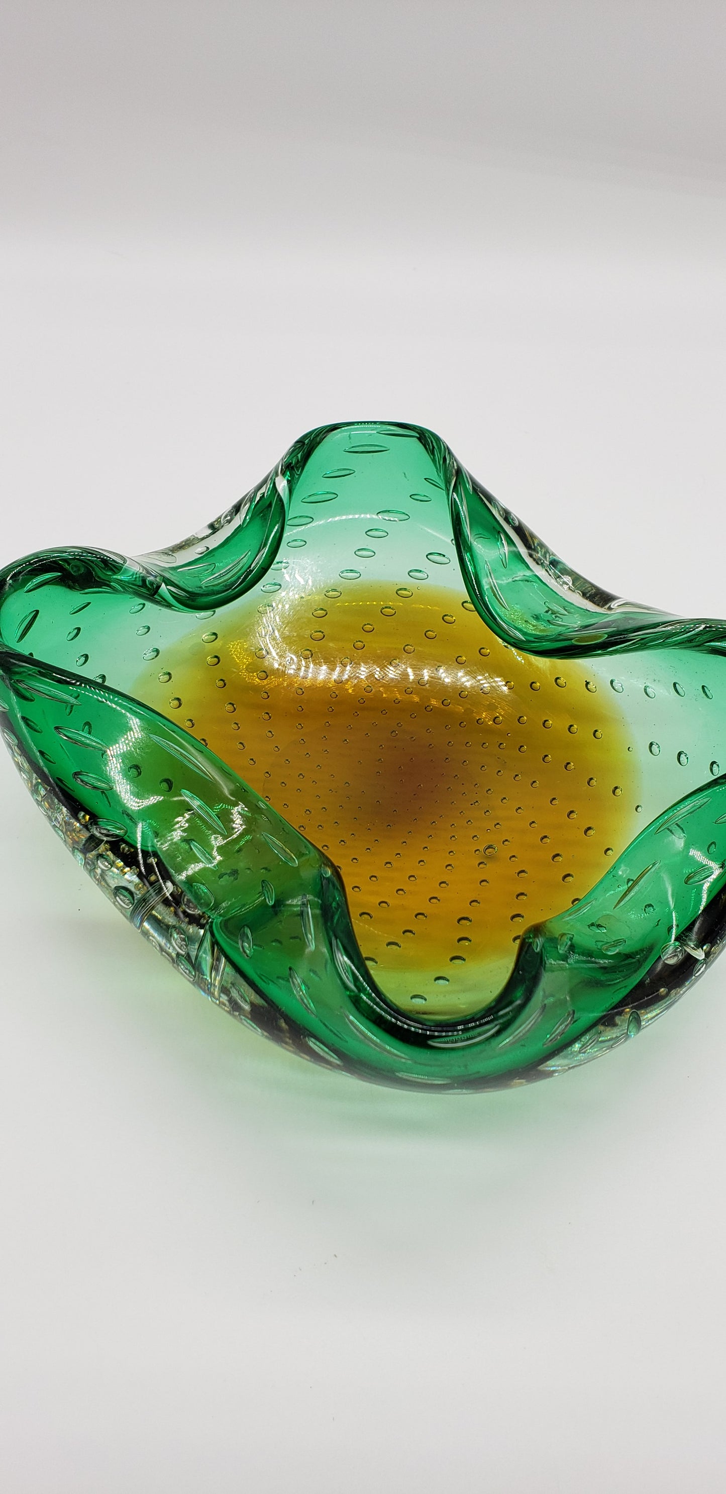 Green & Amber Murano Bullicante Art Glass Bowl