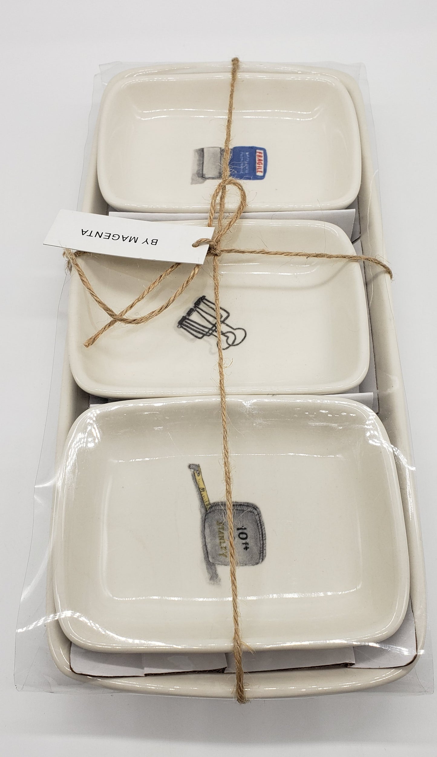 Rae Dunn Fragile Stamp Clip Tape Measure Desk Set Organizer 4-Pc Trinket Dish