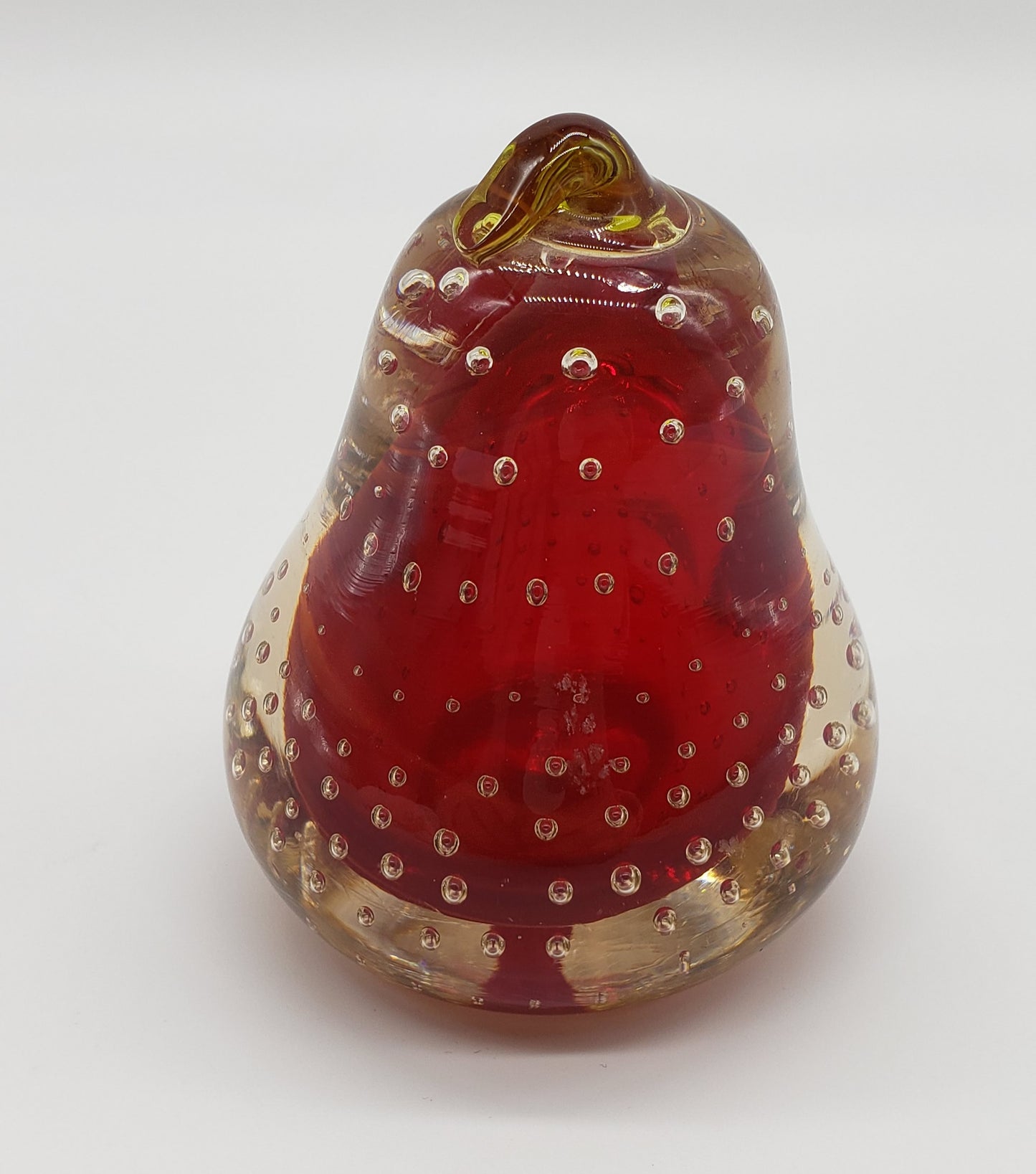 Blown Glass Red Pear Paperweight with Controlled Bubbles