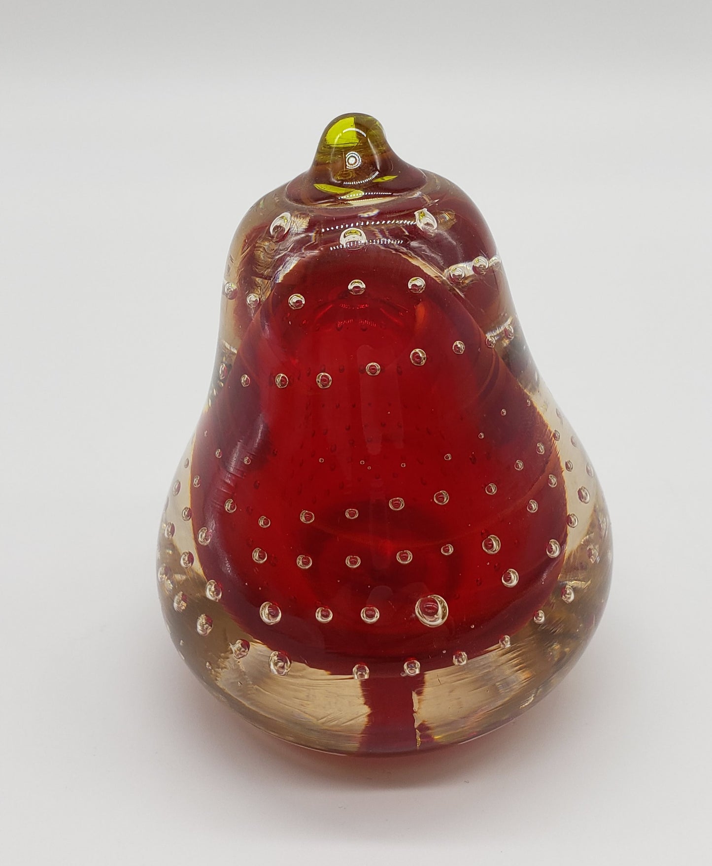 Blown Glass Red Pear Paperweight with Controlled Bubbles