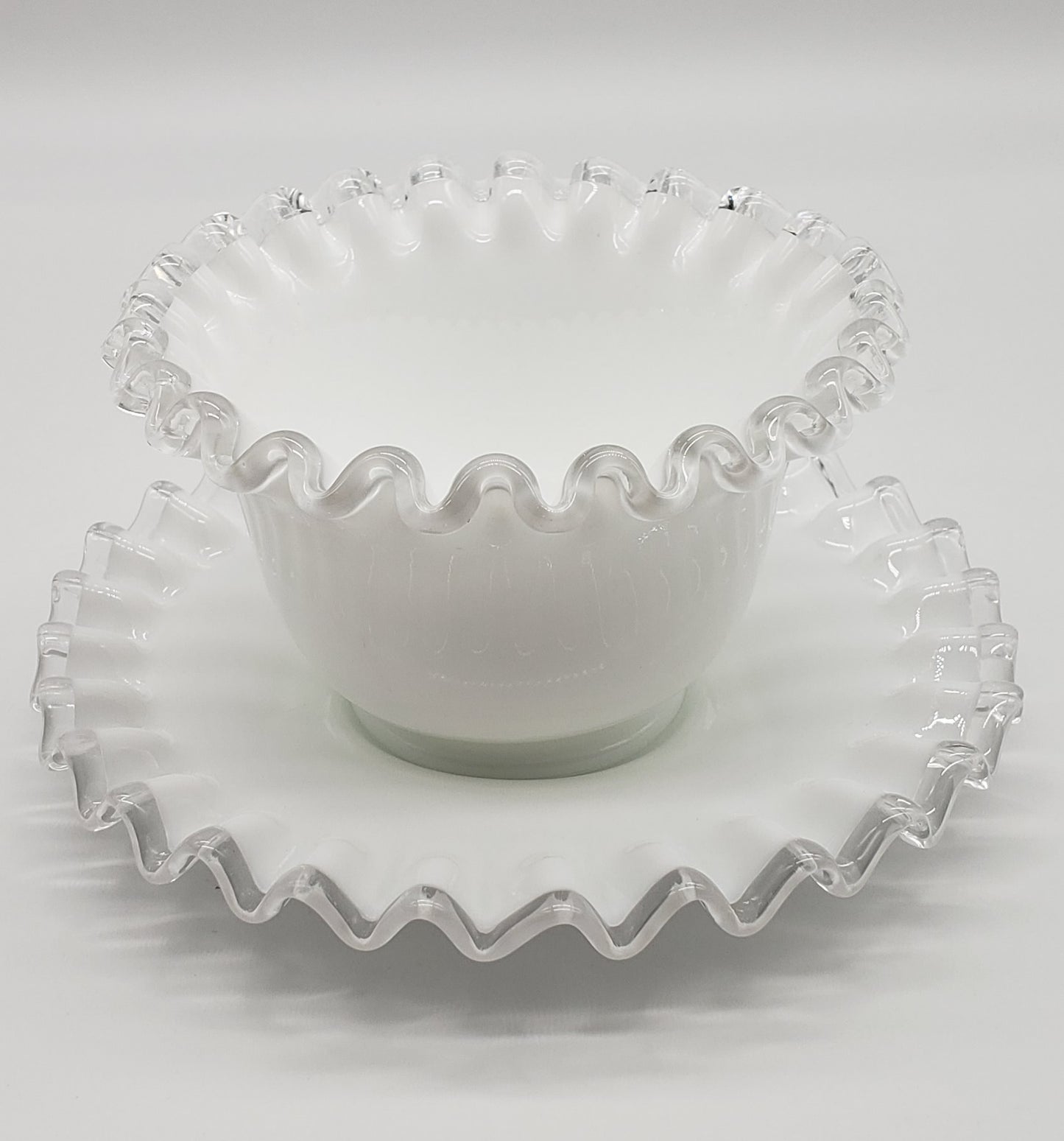 Vintage Fenton Silver Crest White Milk Glass Mayo Condiment Bowl and Saucer Ruffled Edge