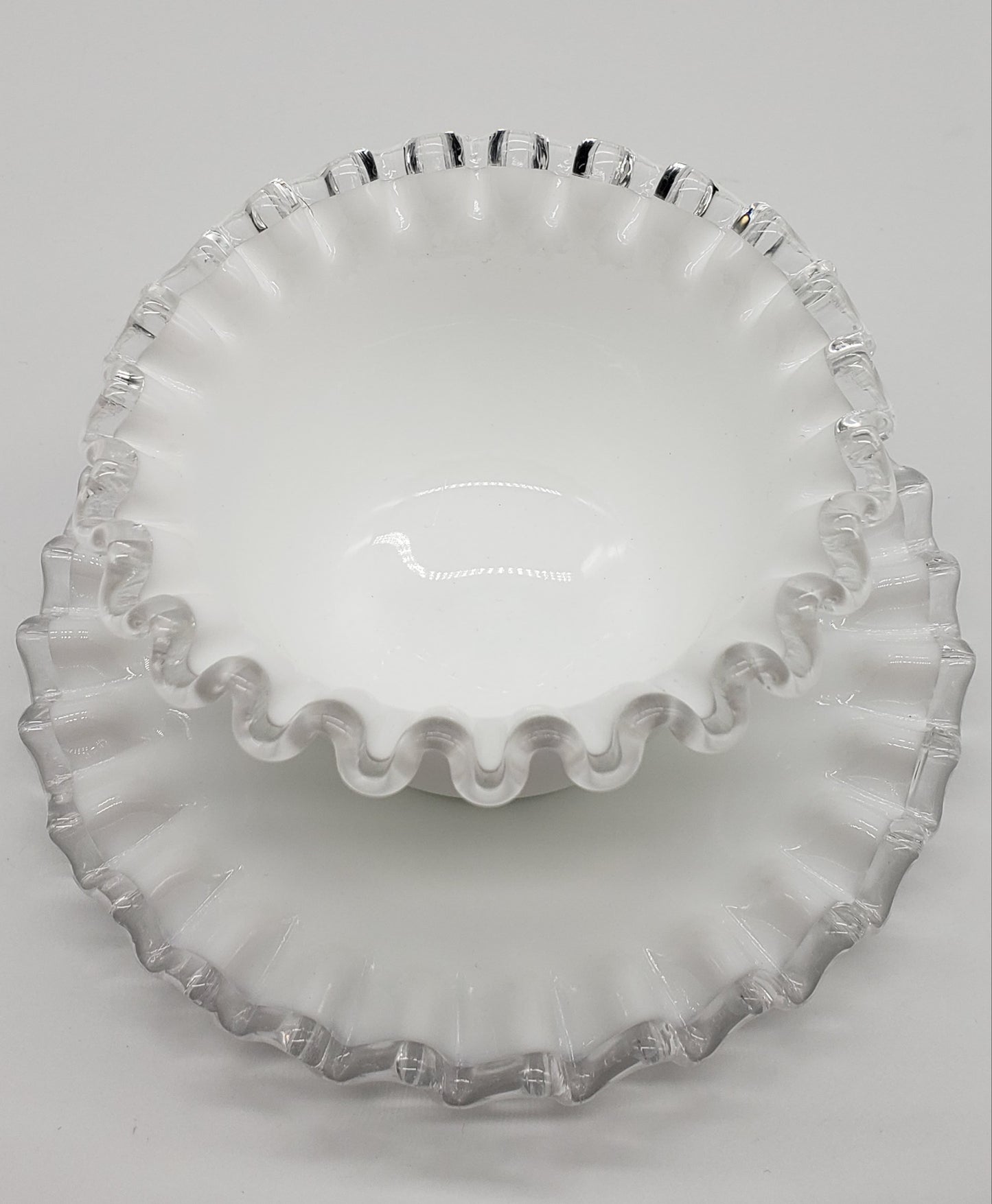 Vintage Fenton Silver Crest White Milk Glass Mayo Condiment Bowl and Saucer Ruffled Edge