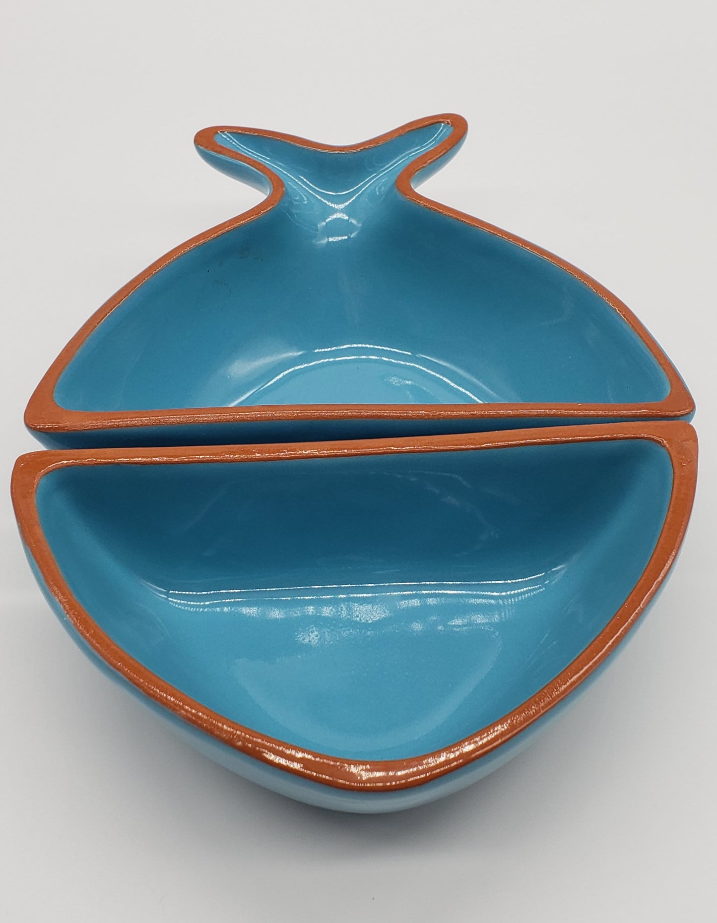 Terracotta Pottery Made in Portugal Blue Fish Glazed Divided Dishes Snack Bowls