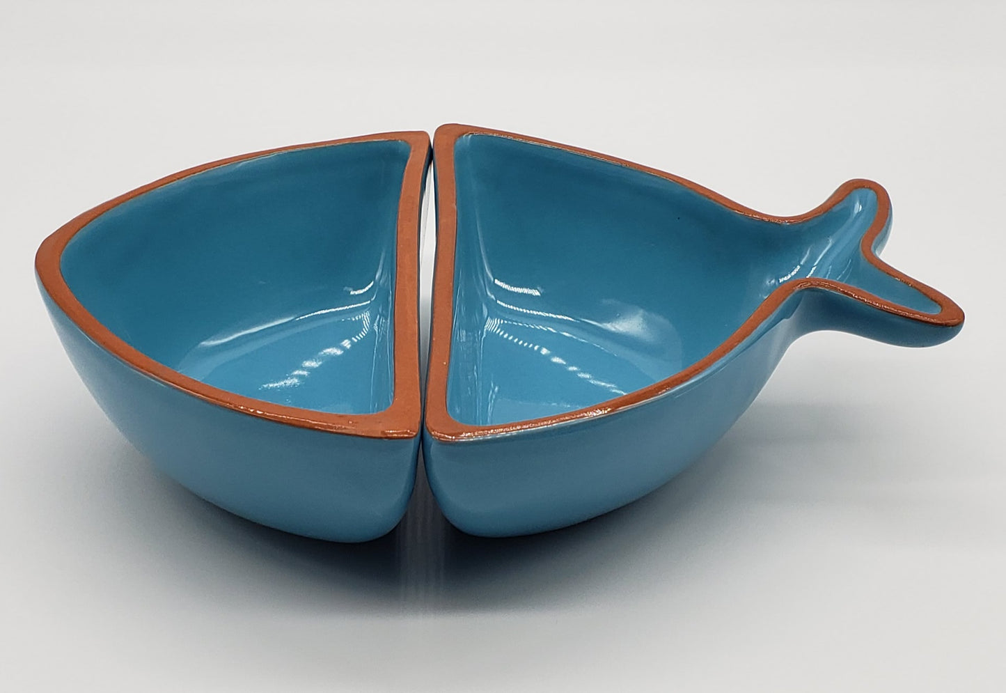 Terracotta Pottery Made in Portugal Blue Fish Glazed Divided Dishes Snack Bowls