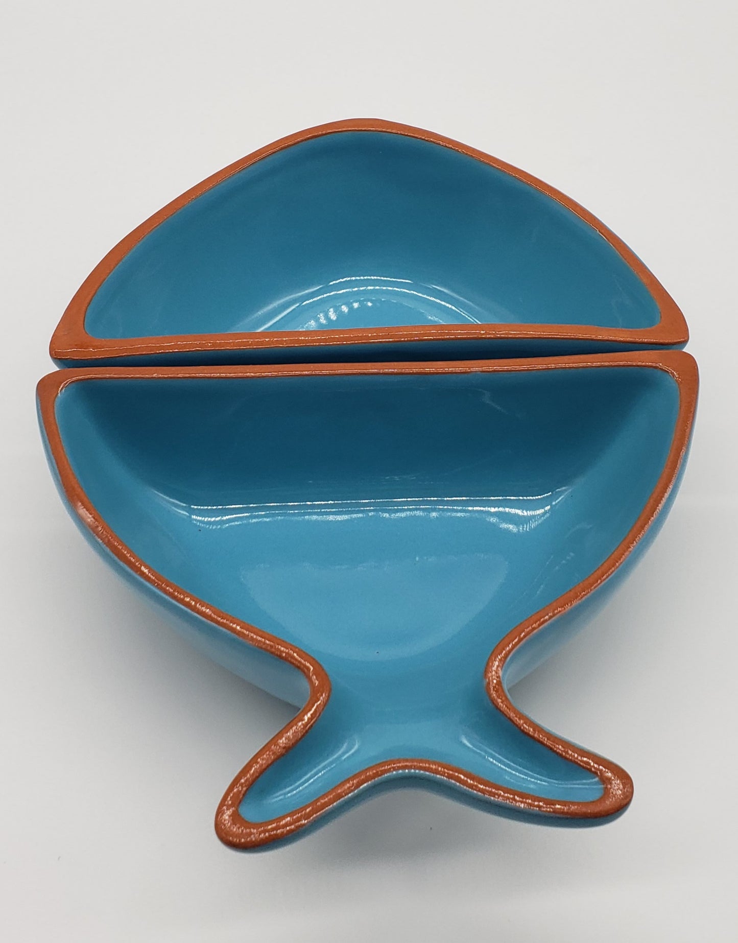Terracotta Pottery Made in Portugal Blue Fish Glazed Divided Dishes Snack Bowls