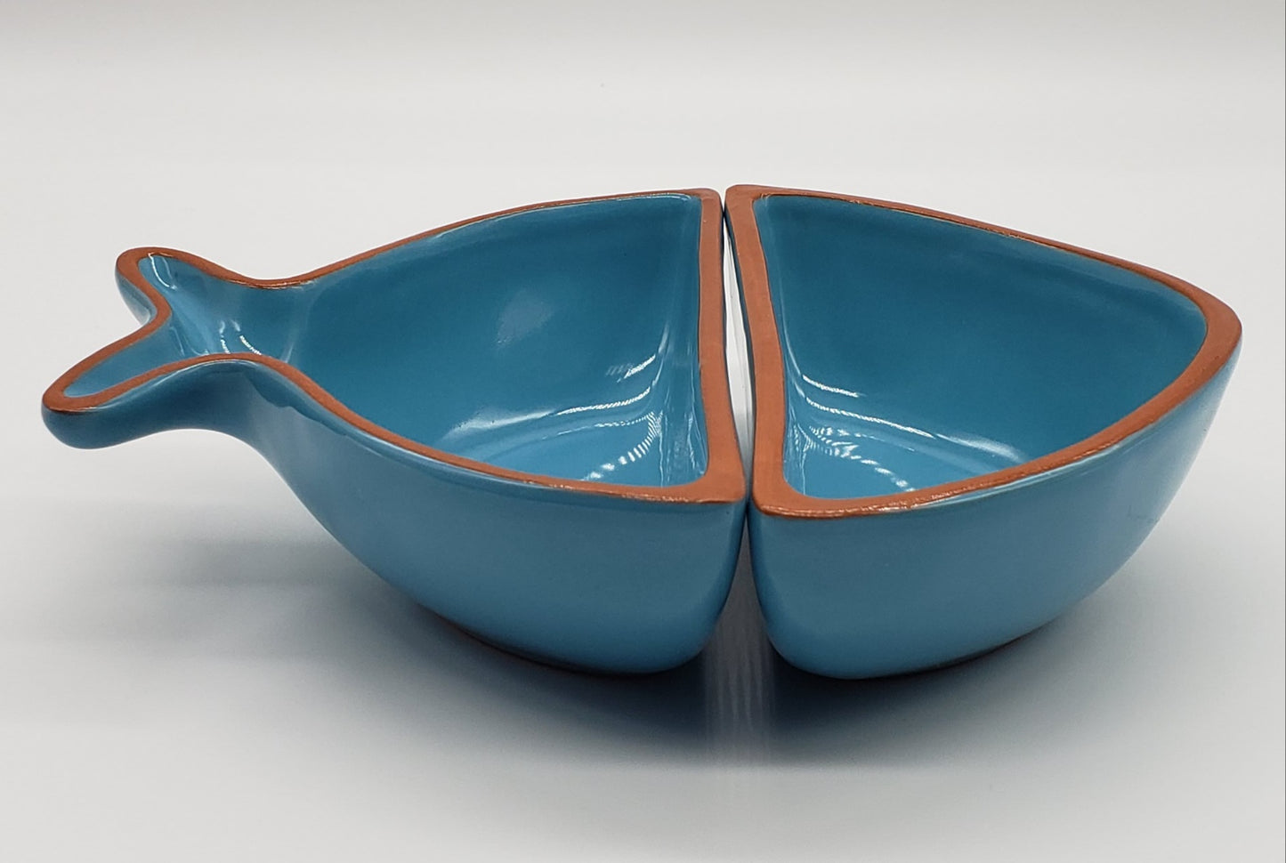 Terracotta Pottery Made in Portugal Blue Fish Glazed Divided Dishes Snack Bowls