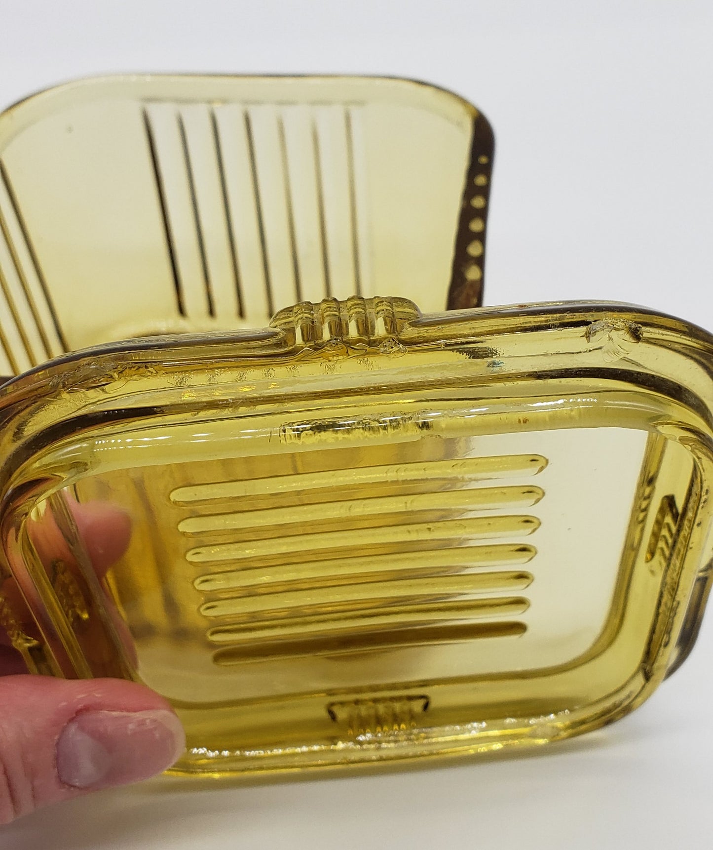 Federal Amber Glass Square Ribbed Refrigerator Dish with Lid