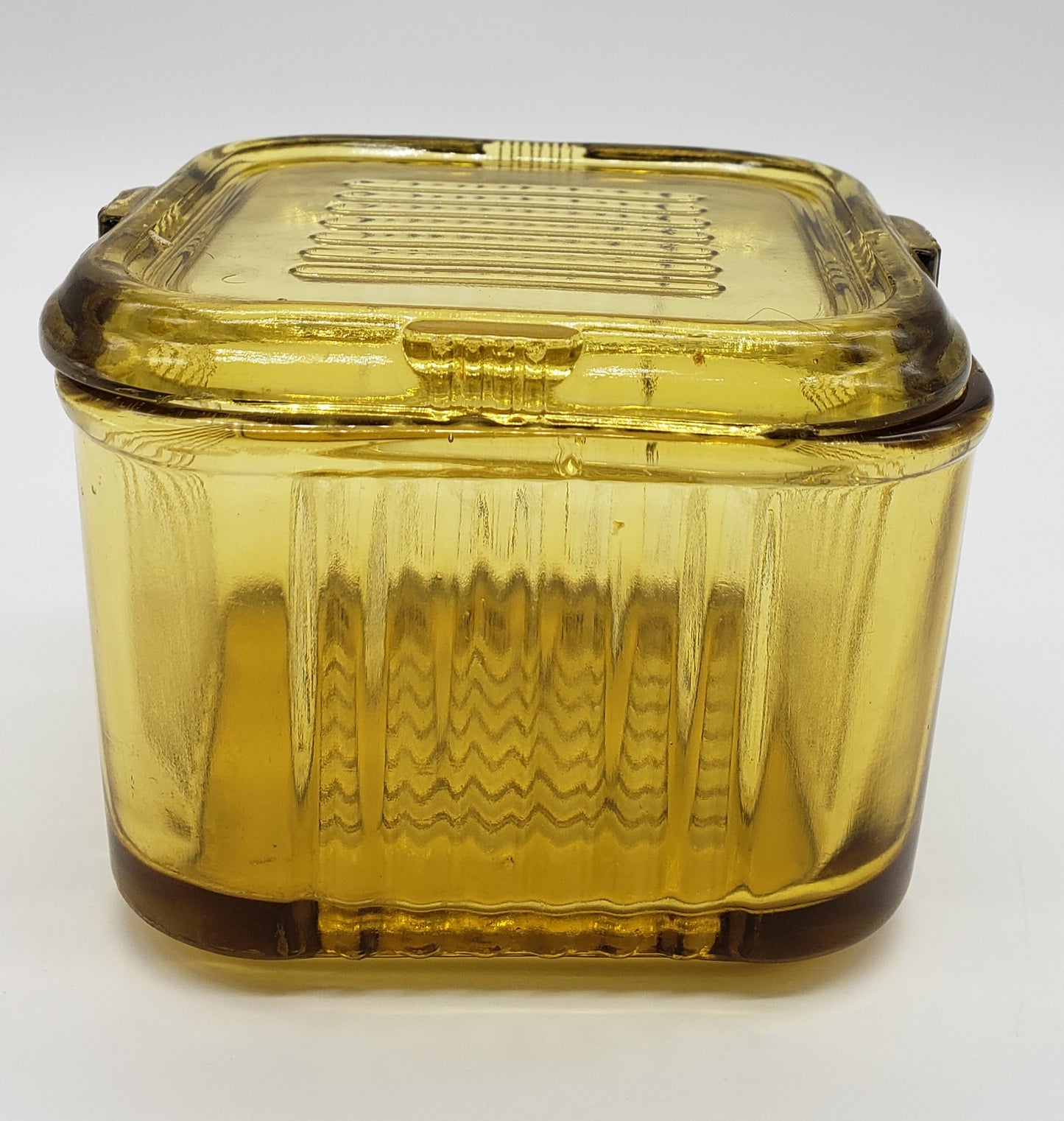 Federal Amber Glass Square Ribbed Refrigerator Dish with Lid
