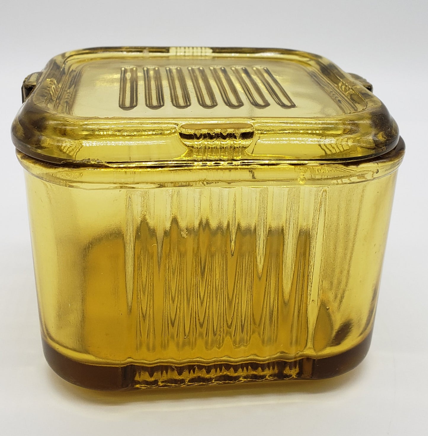 Federal Amber Glass Square Ribbed Refrigerator Dish with Lid