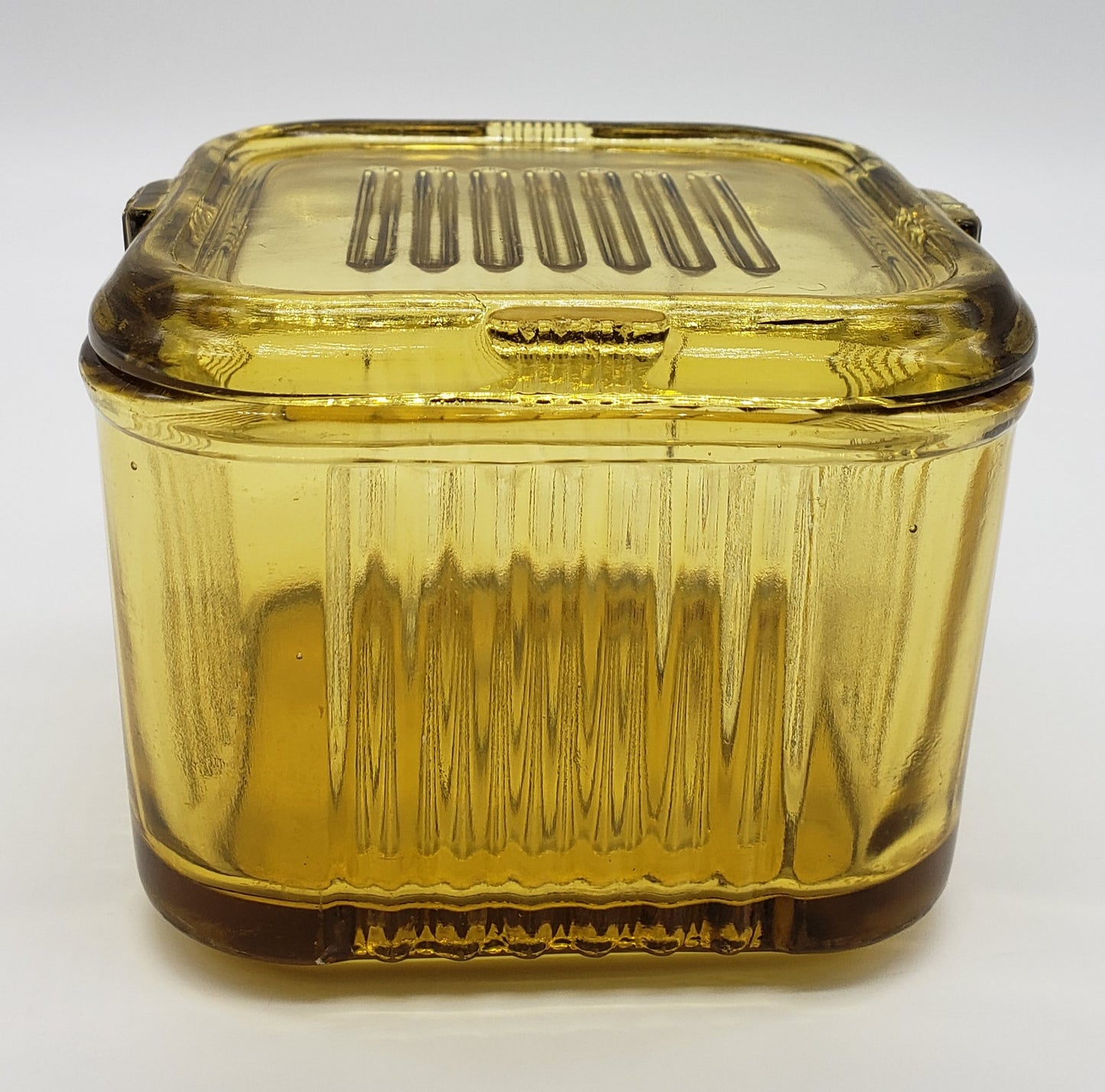 Federal Amber Glass Square Ribbed Refrigerator Dish with Lid