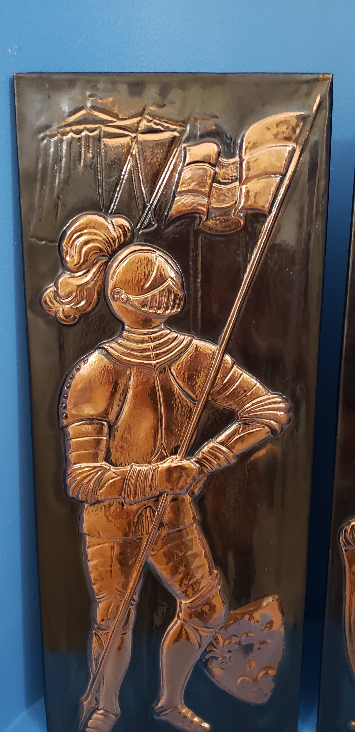 Molded Embossed Copper Knights Crest Horse Battle Art Pictures - Pair