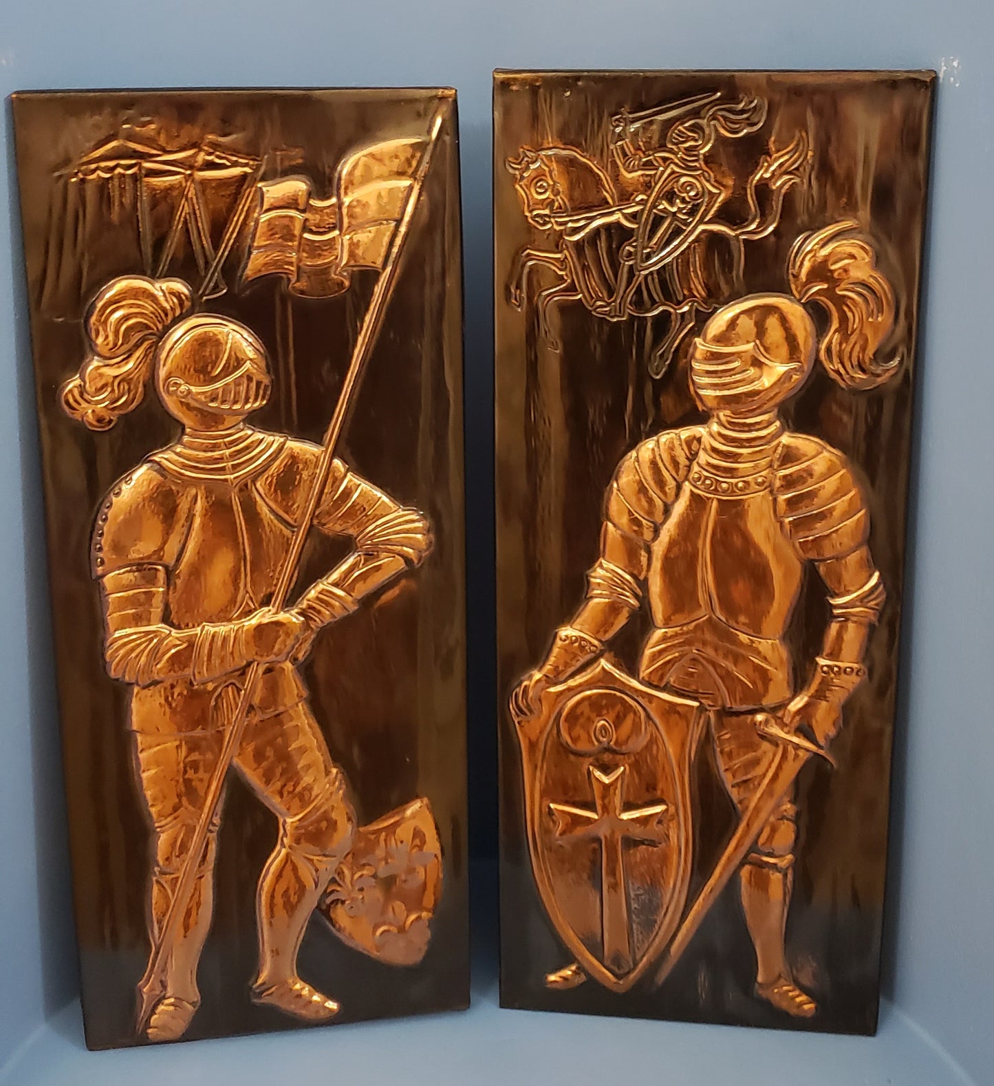 Molded Embossed Copper Knights Crest Horse Battle Art Pictures - Pair