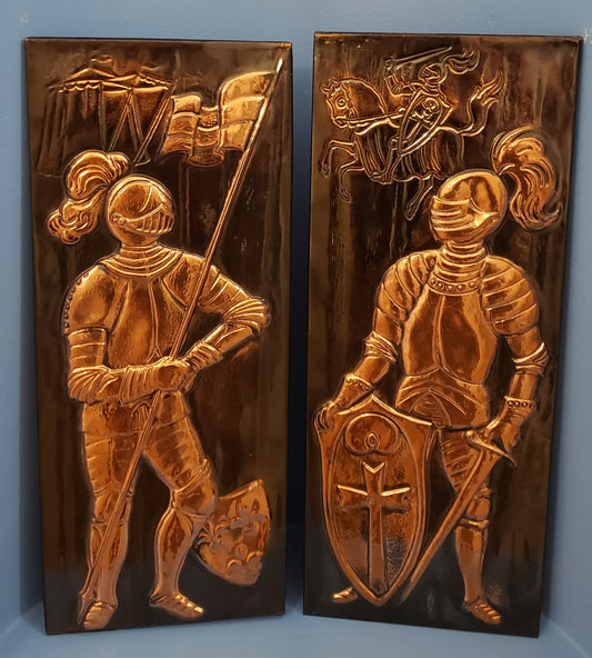 Molded Embossed Copper Knights Crest Horse Battle Art Pictures - Pair