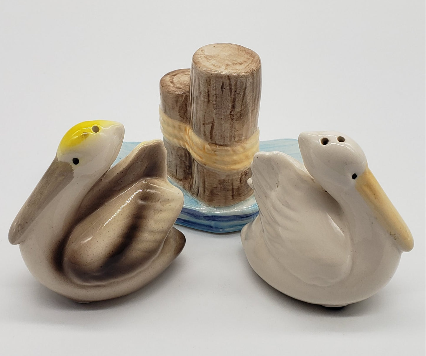 Beachcombers Coastal Pelicans on Water Near Pilings Salt and Pepper Shaker Set