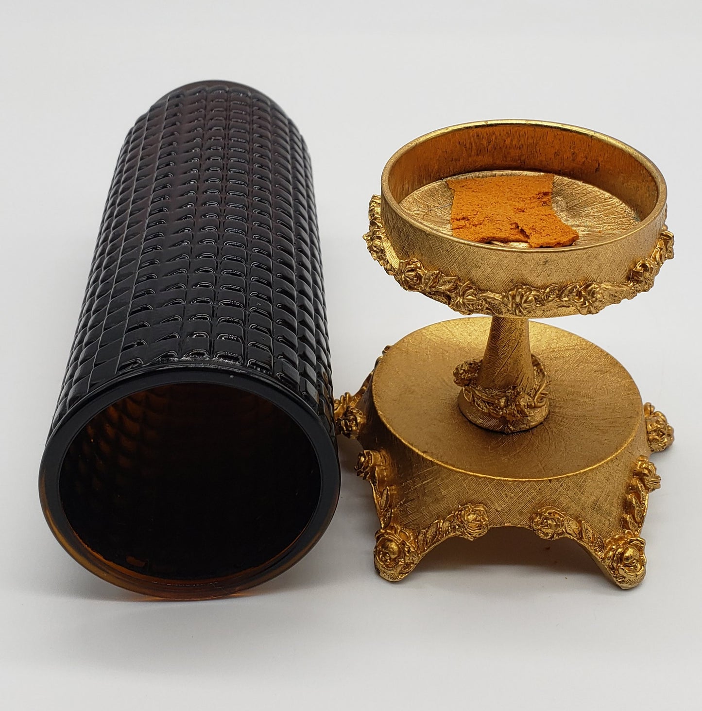 Amber Pressed Glass Candle Holder On Gold Metal Base