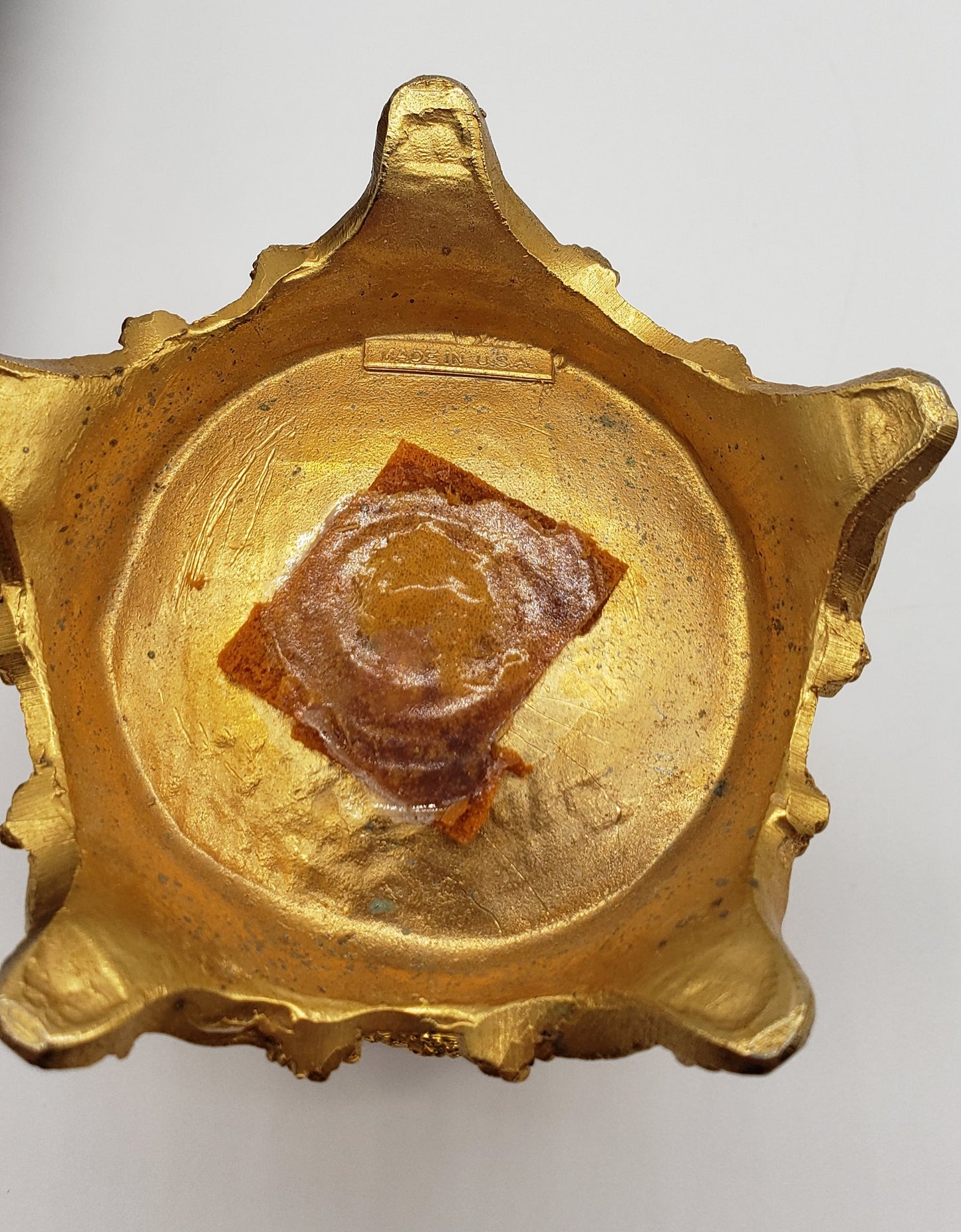 Amber Pressed Glass Candle Holder On Gold Metal Base