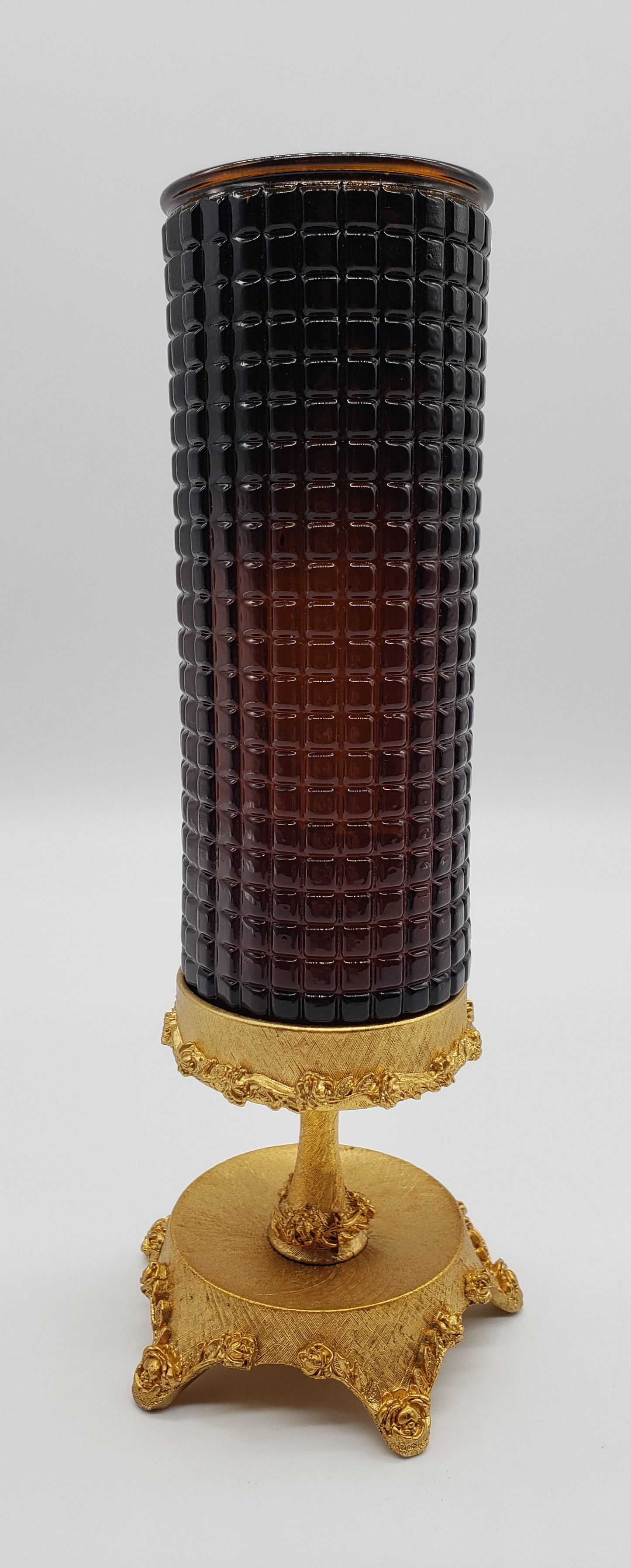 Amber Pressed Glass Candle Holder On Gold Metal Base