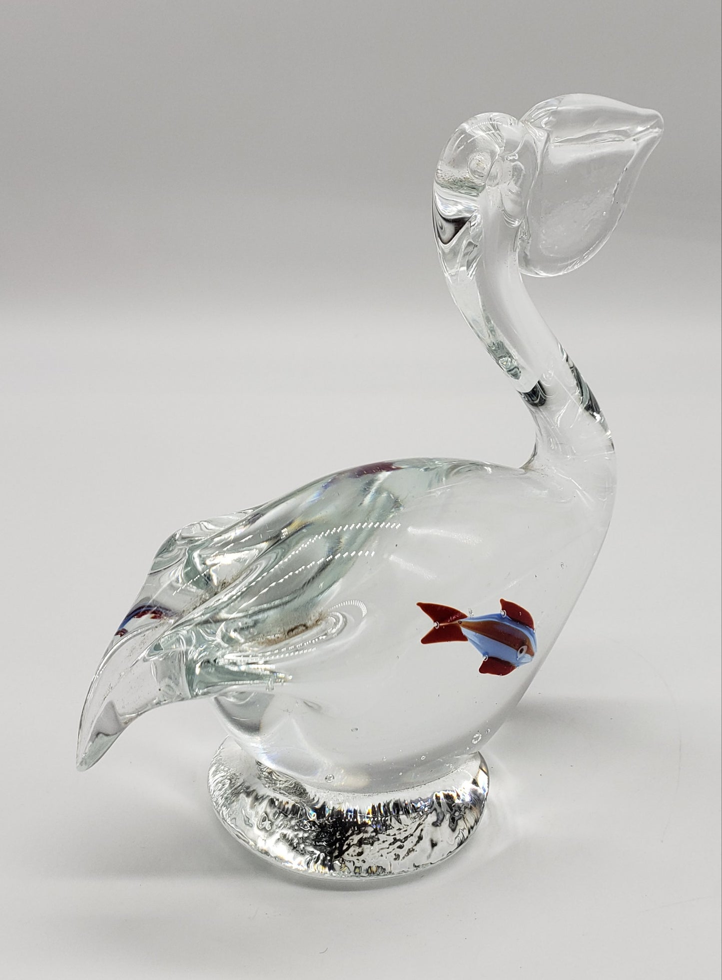 Clear Glass Pelican Paper wieght with Fish Inside Belly Figurine 5 3/4" Hand Blown Art Glass