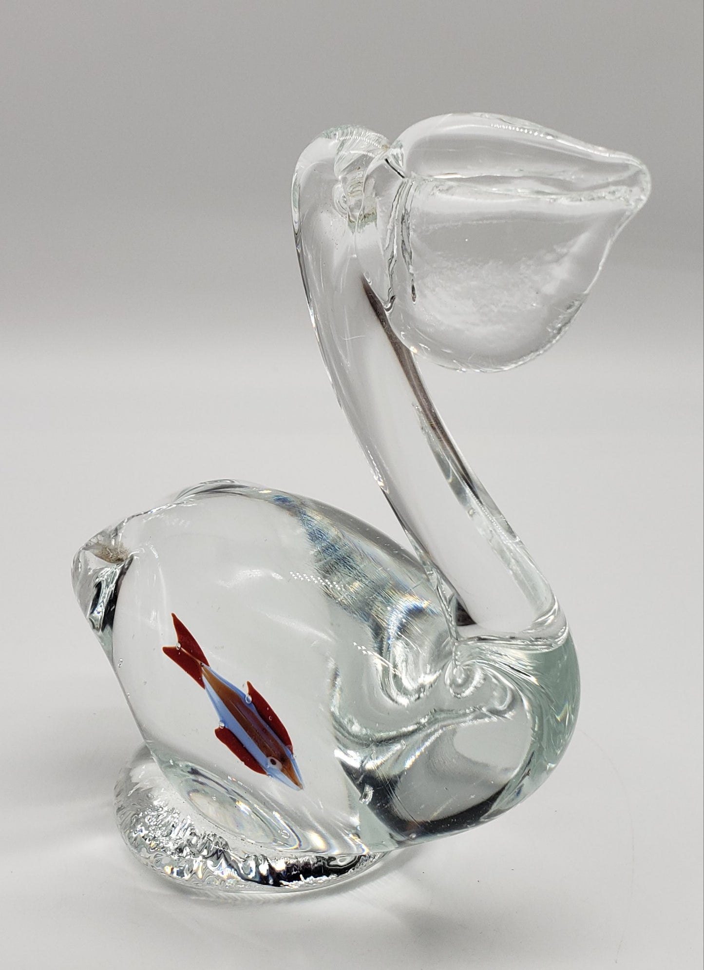 Clear Glass Pelican Paper wieght with Fish Inside Belly Figurine 5 3/4" Hand Blown Art Glass