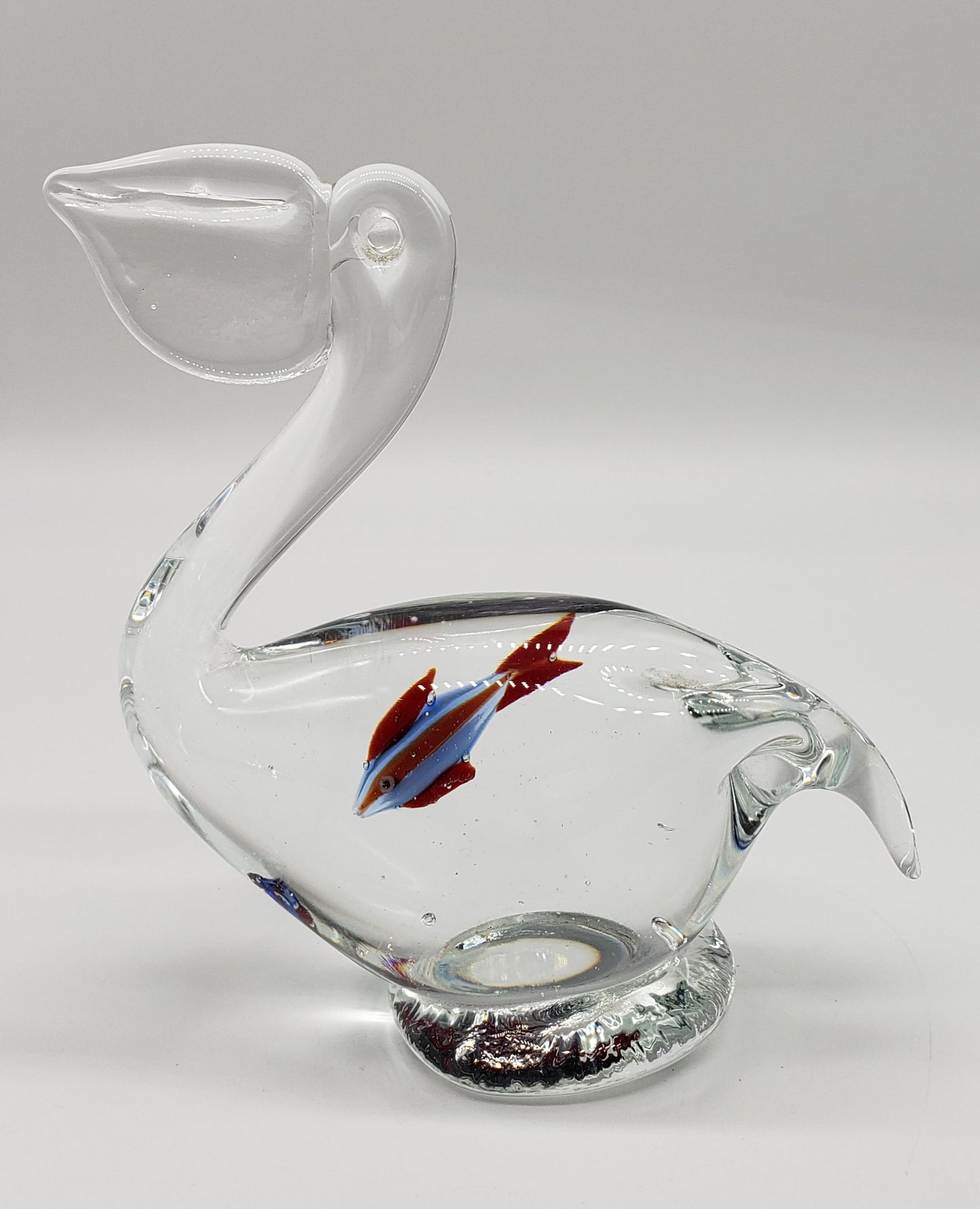 Clear Glass Pelican Paper wieght with Fish Inside Belly Figurine 5 3/4" Hand Blown Art Glass
