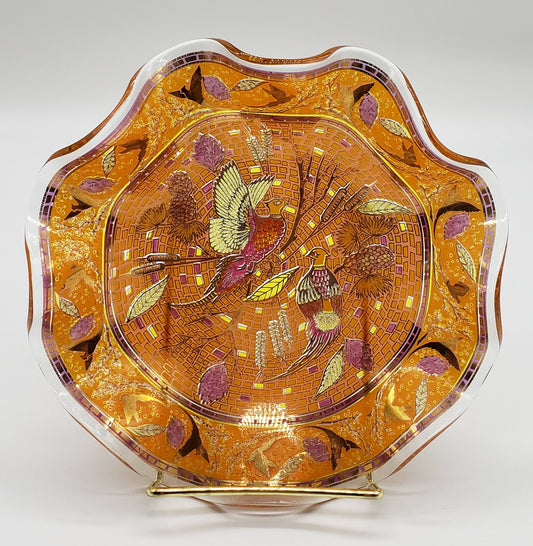 Art Glass Orange Gold Pheasant Bird Ruffled Bowl