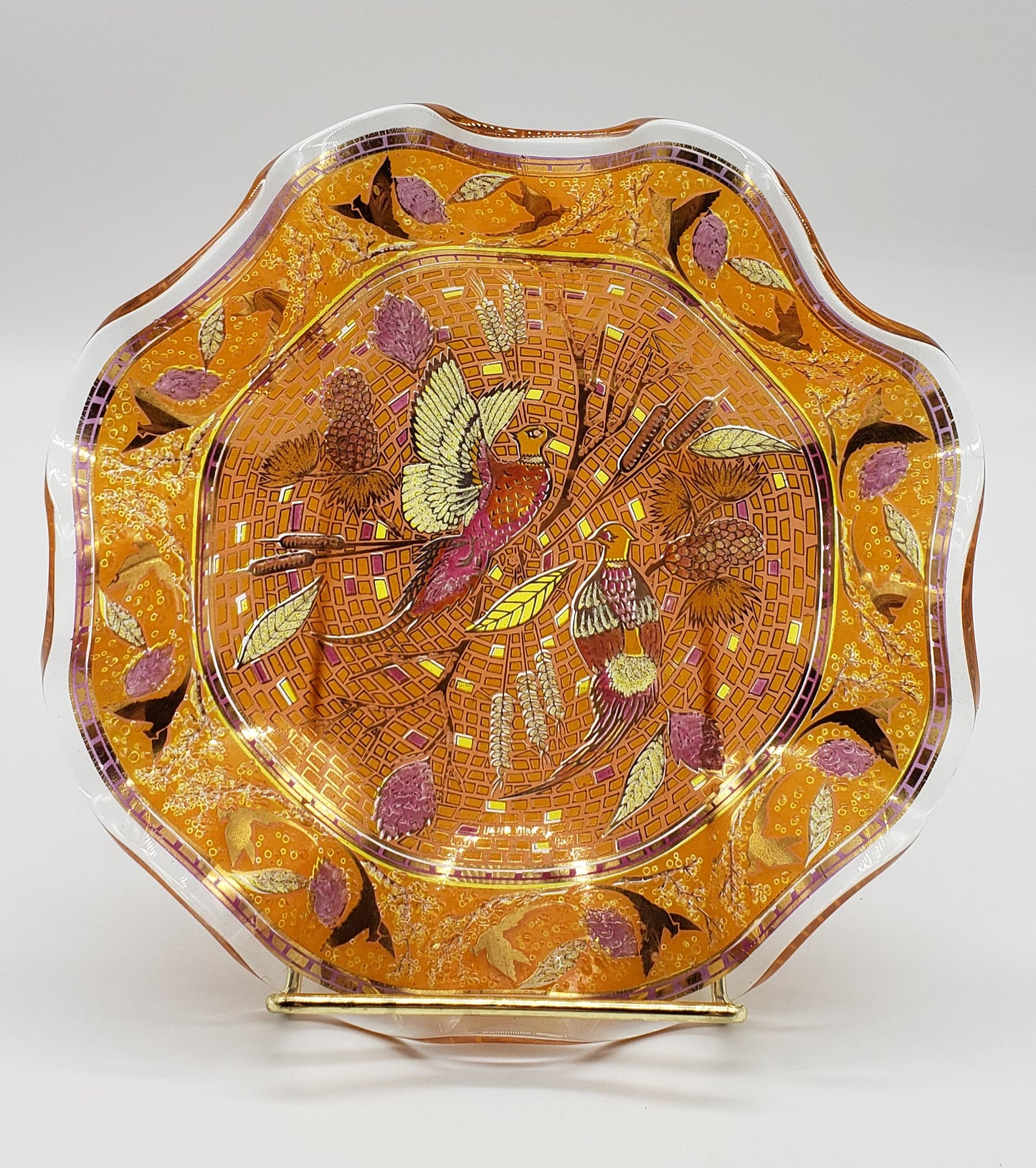 Art Glass Orange Gold Pheasant Bird Ruffled Bowl
