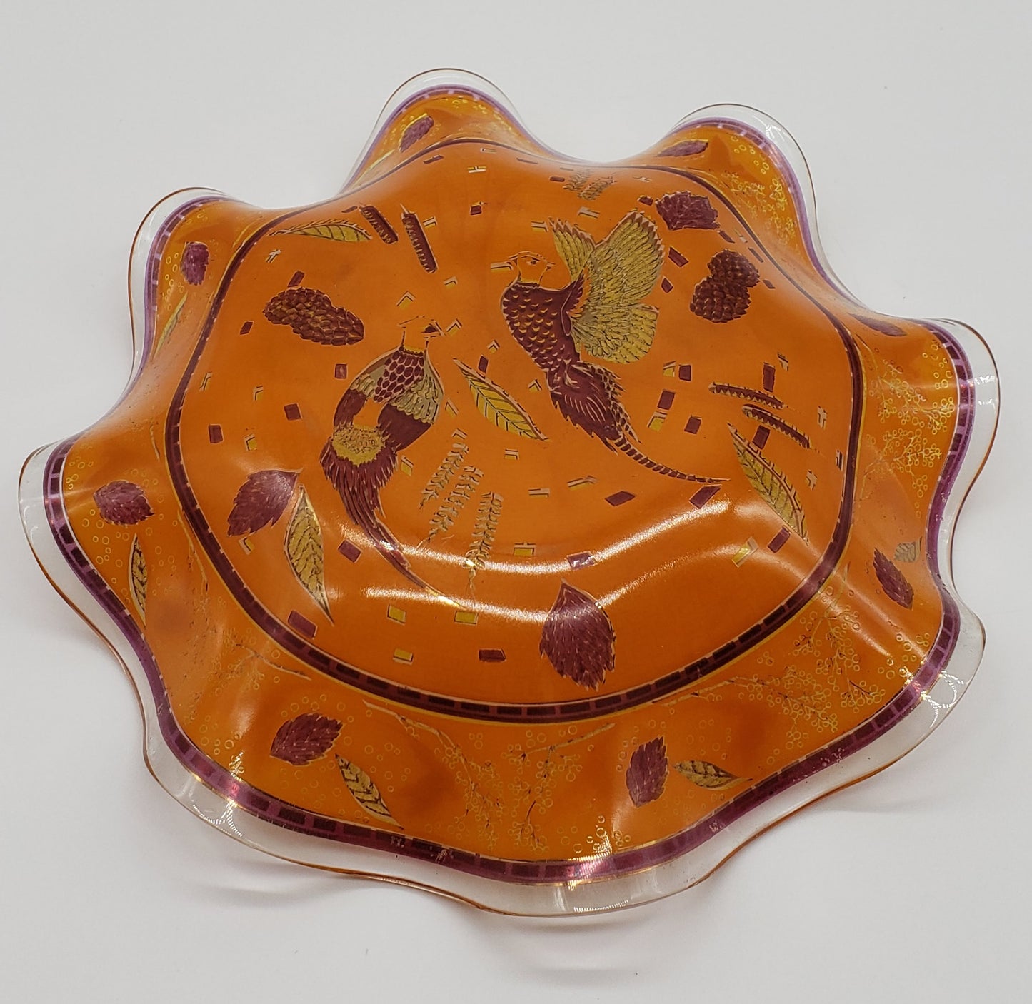Art Glass Orange Gold Pheasant Bird Ruffled Bowl