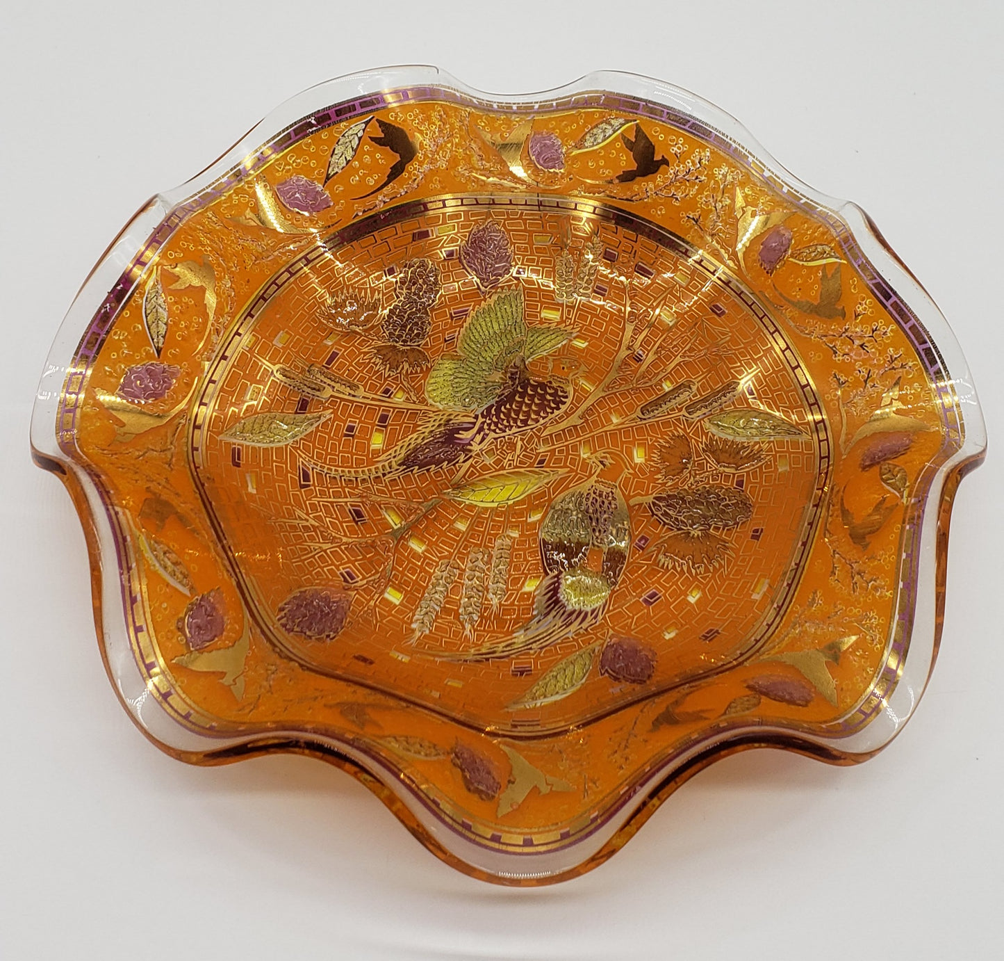 Art Glass Orange Gold Pheasant Bird Ruffled Bowl