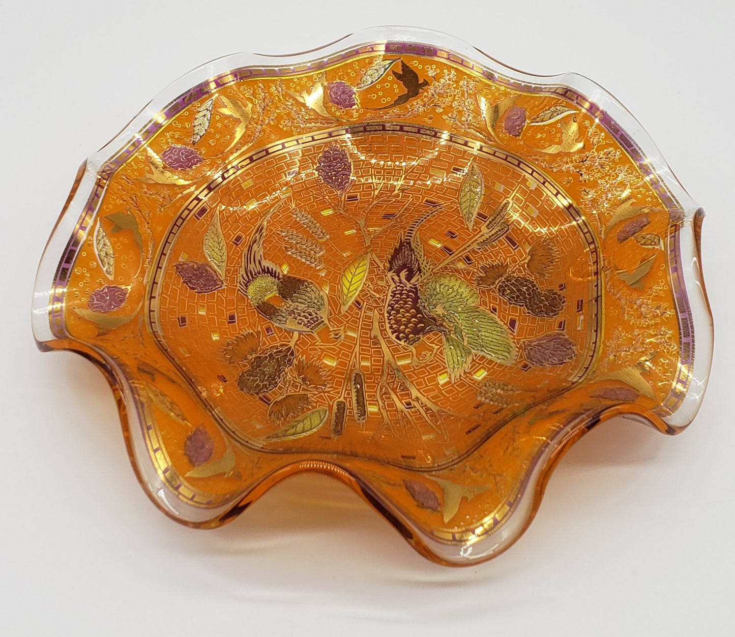 Art Glass Orange Gold Pheasant Bird Ruffled Bowl