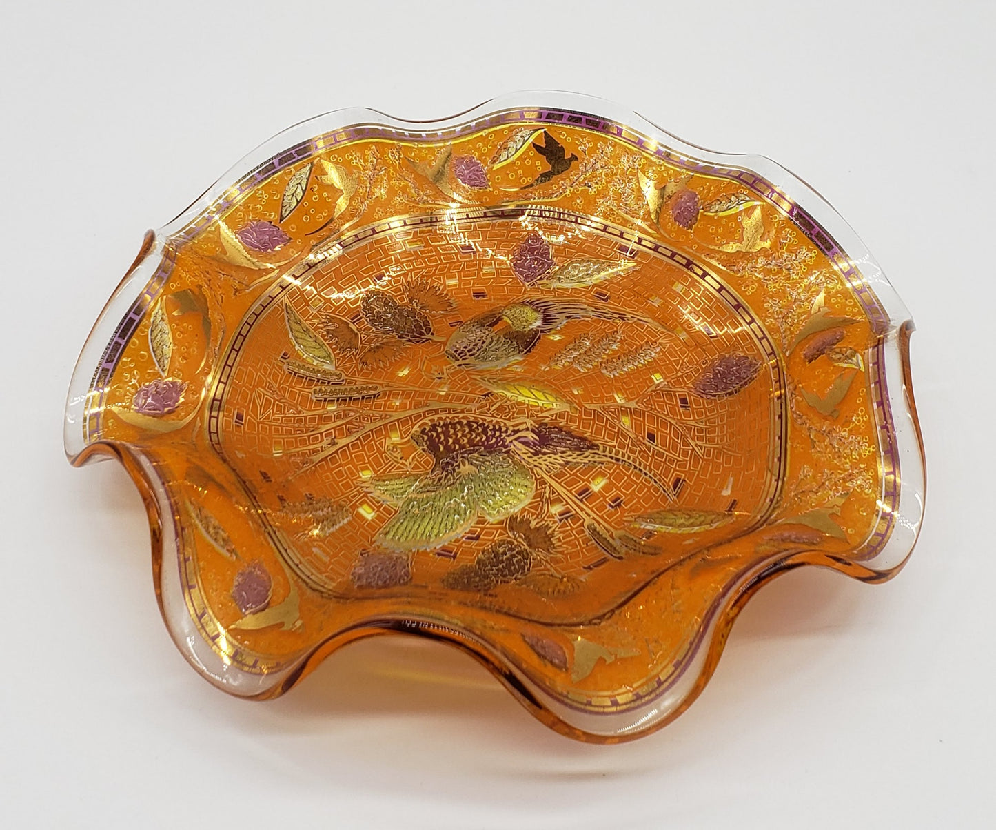 Art Glass Orange Gold Pheasant Bird Ruffled Bowl
