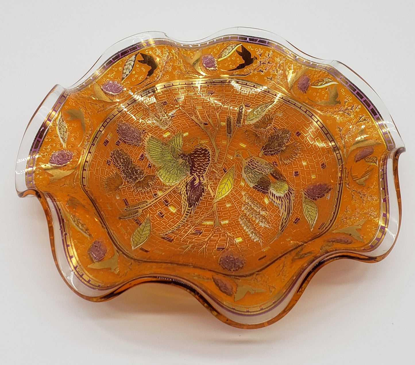 Art Glass Orange Gold Pheasant Bird Ruffled Bowl