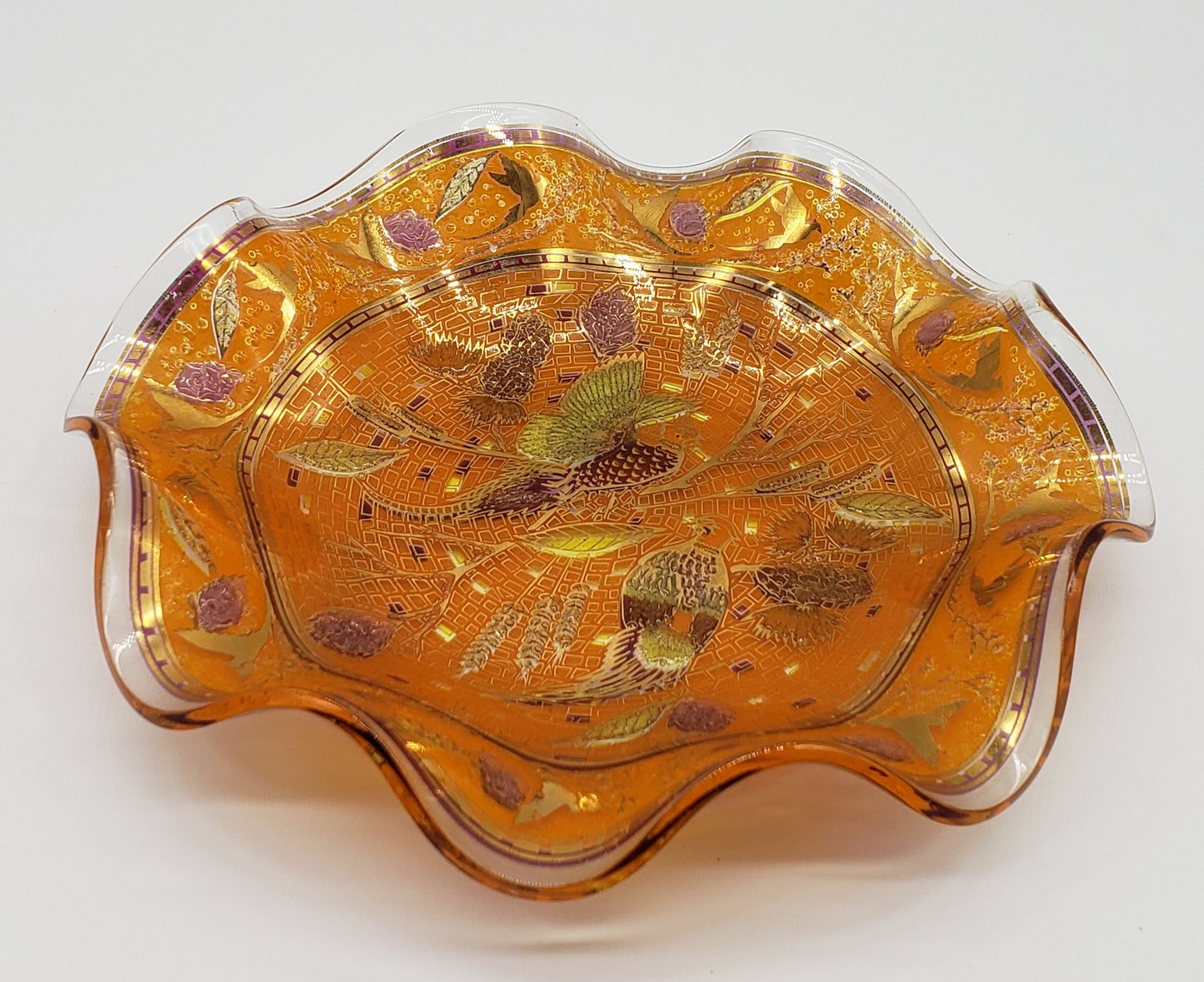 Art Glass Orange Gold Pheasant Bird Ruffled Bowl
