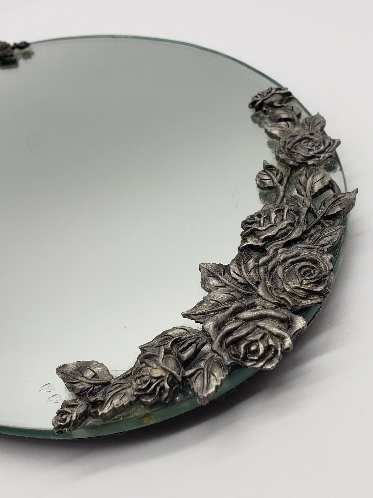 MIRROR OVAL DRESSER VANITY TRAY PEWTER ROSE SERVING JEWELRY