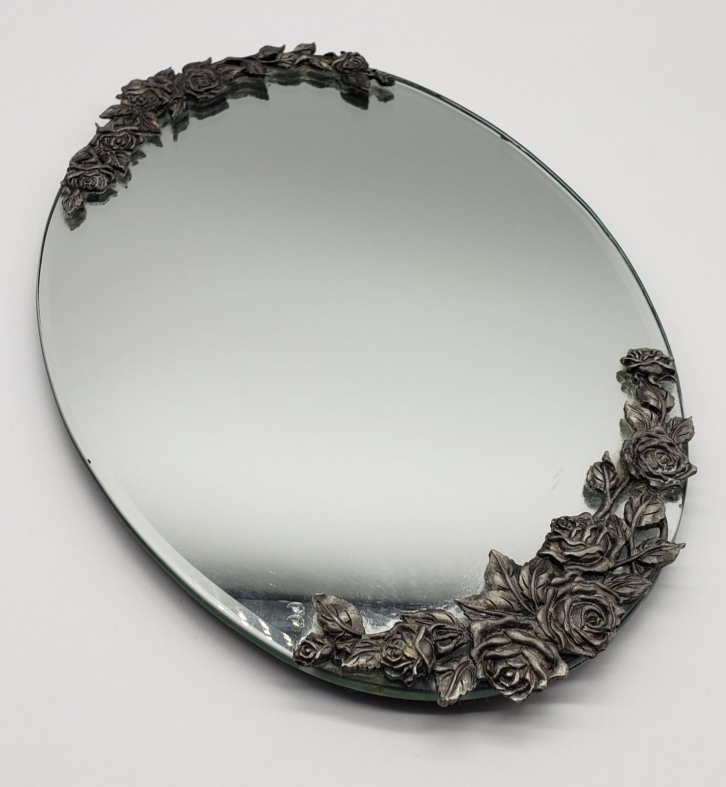 MIRROR OVAL DRESSER VANITY TRAY PEWTER ROSE SERVING JEWELRY