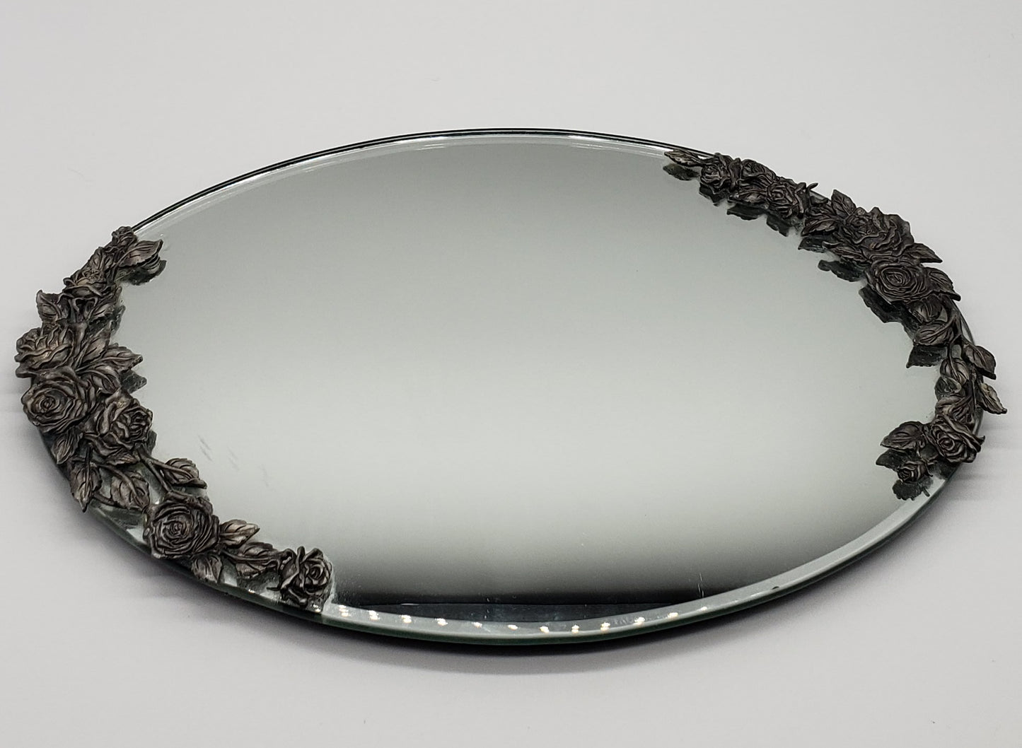 MIRROR OVAL DRESSER VANITY TRAY PEWTER ROSE SERVING JEWELRY