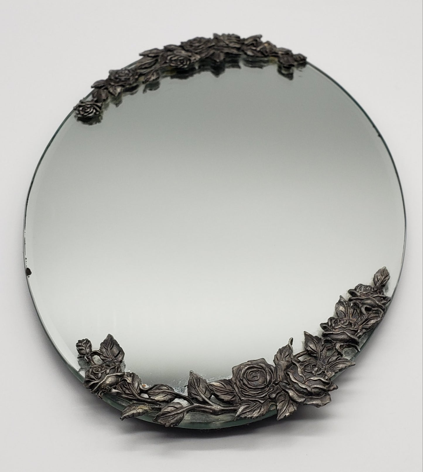 MIRROR OVAL DRESSER VANITY TRAY PEWTER ROSE SERVING JEWELRY