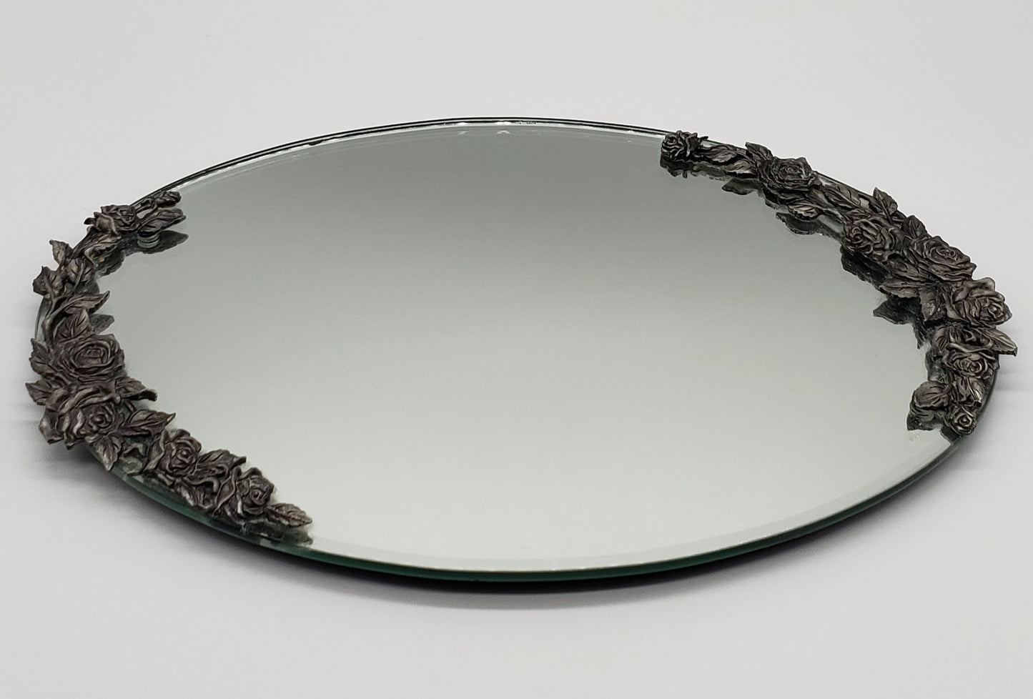 MIRROR OVAL DRESSER VANITY TRAY PEWTER ROSE SERVING JEWELRY
