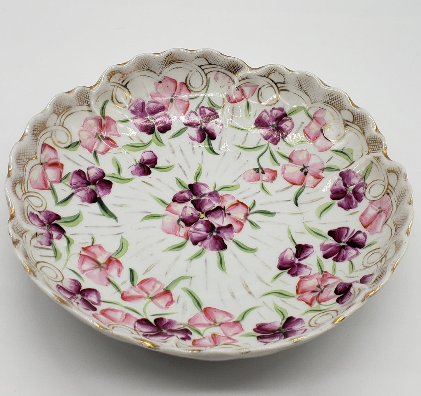 Vintage Hand Painted 9" Floral Porcelain Bowl Scalloped