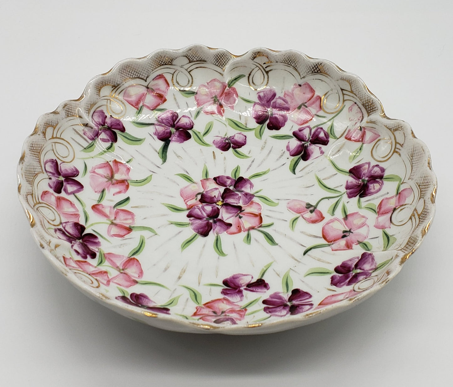 Vintage Hand Painted 9" Floral Porcelain Bowl Scalloped