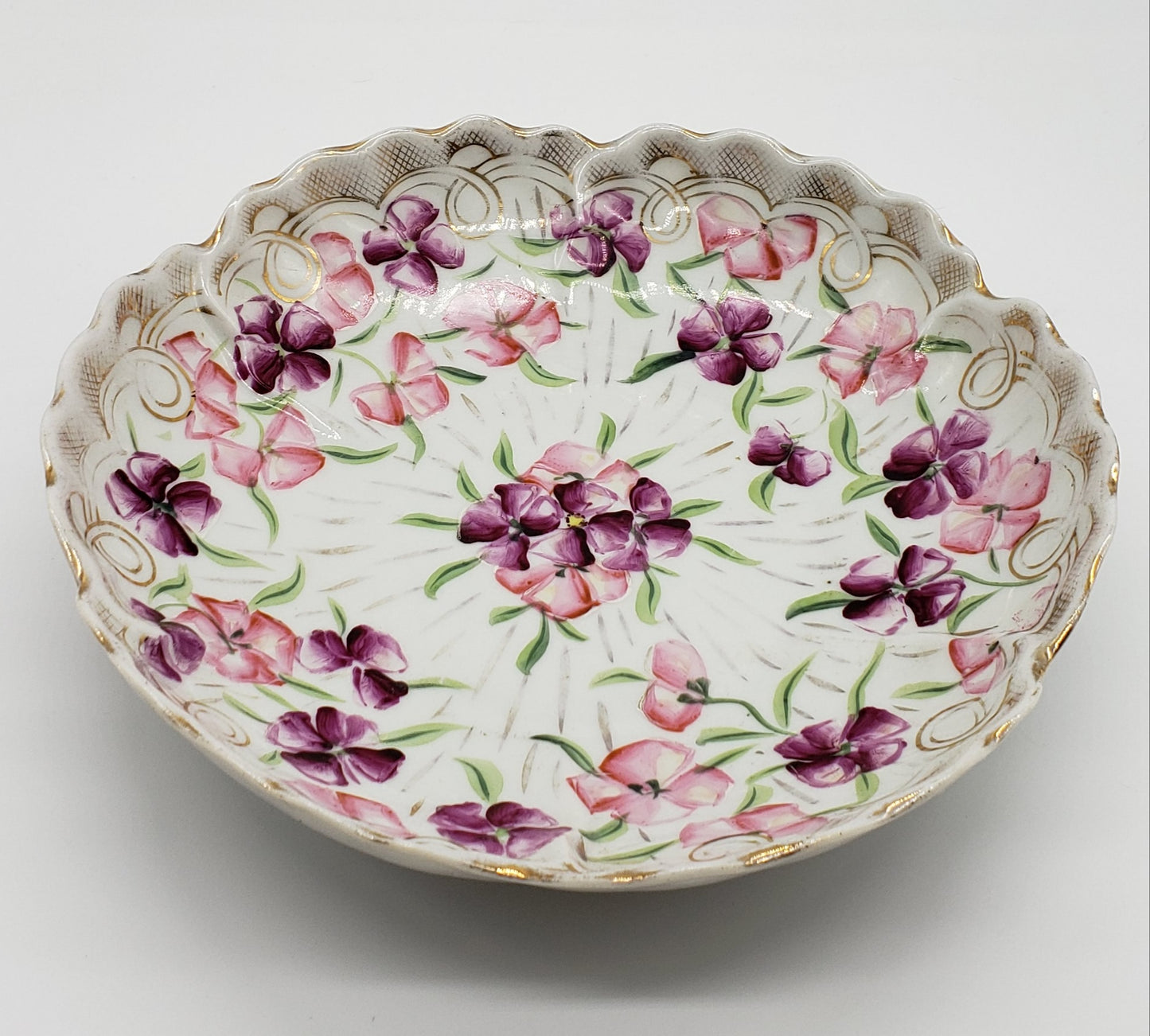Vintage Hand Painted 9" Floral Porcelain Bowl Scalloped