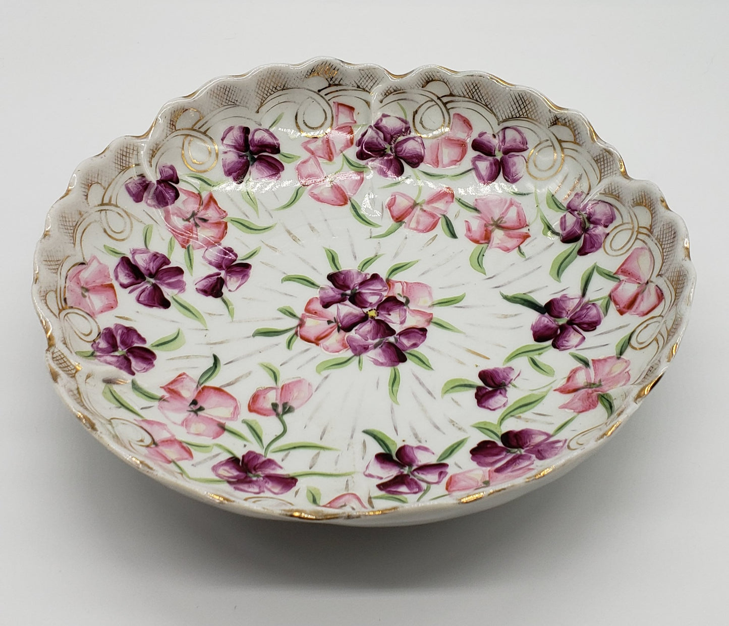 Vintage Hand Painted 9" Floral Porcelain Bowl Scalloped