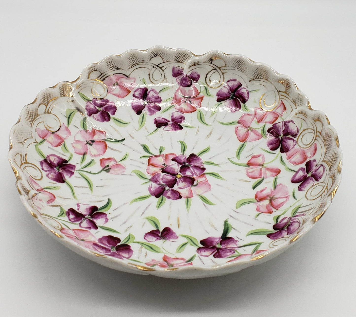 Vintage Hand Painted 9" Floral Porcelain Bowl Scalloped