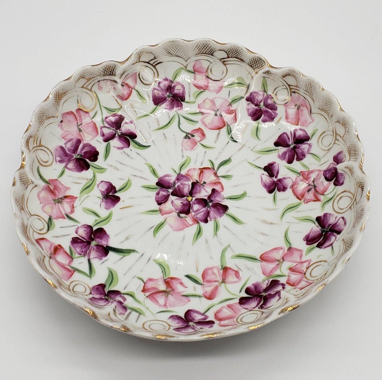 Vintage Hand Painted 9" Floral Porcelain Bowl Scalloped