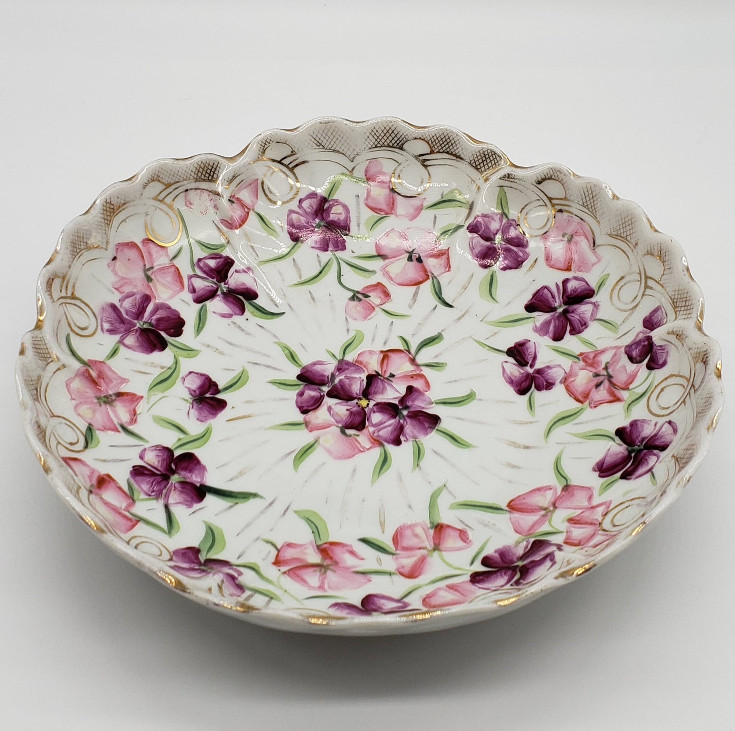 Vintage Hand Painted 9" Floral Porcelain Bowl Scalloped