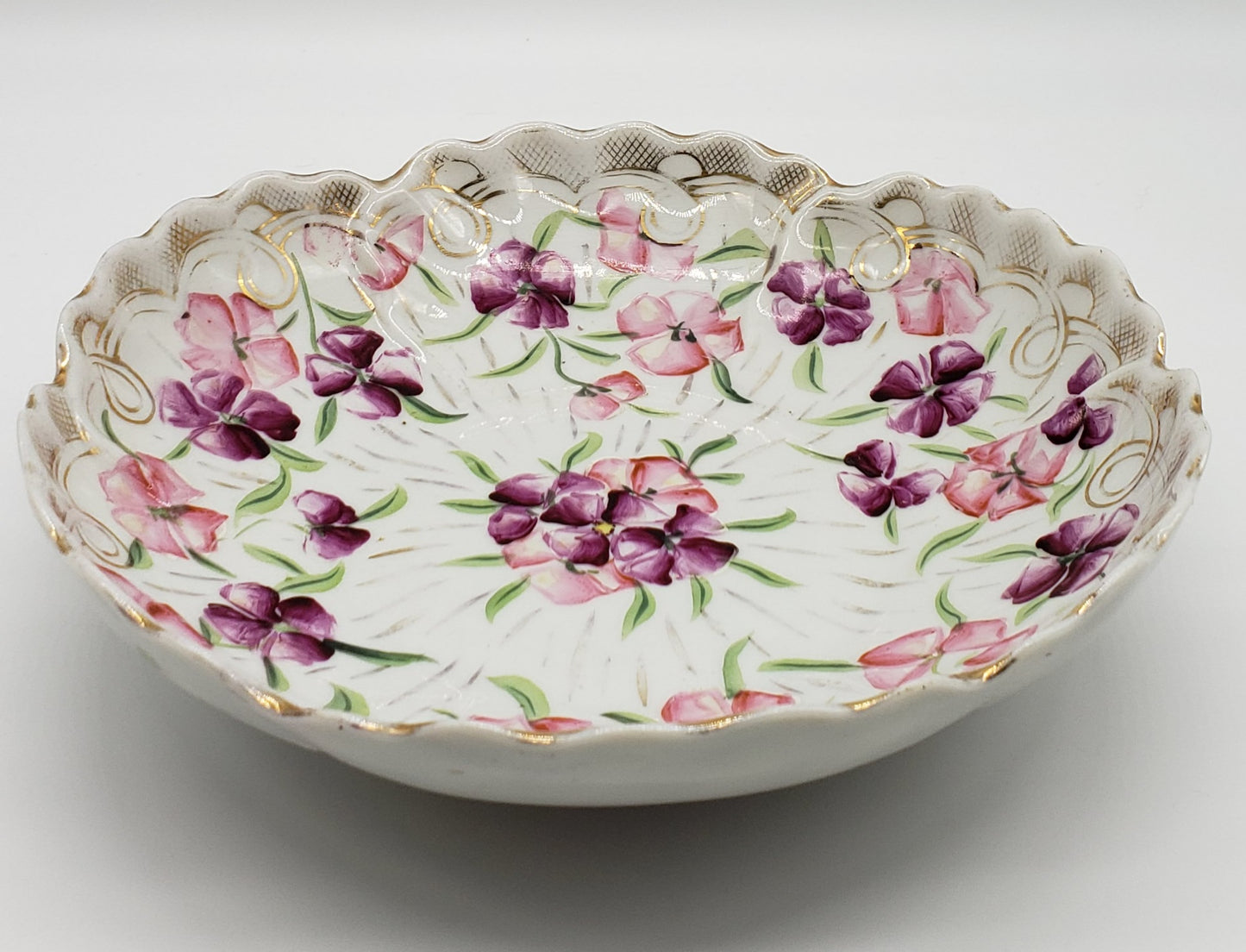 Vintage Hand Painted 9" Floral Porcelain Bowl Scalloped